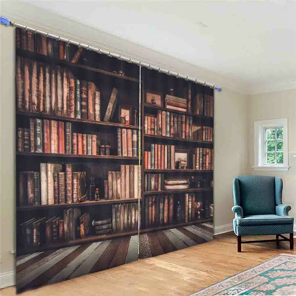 Brown Bookshelf Books 3D Curtain Blockout Photo Printing Curtains Drape Fabric