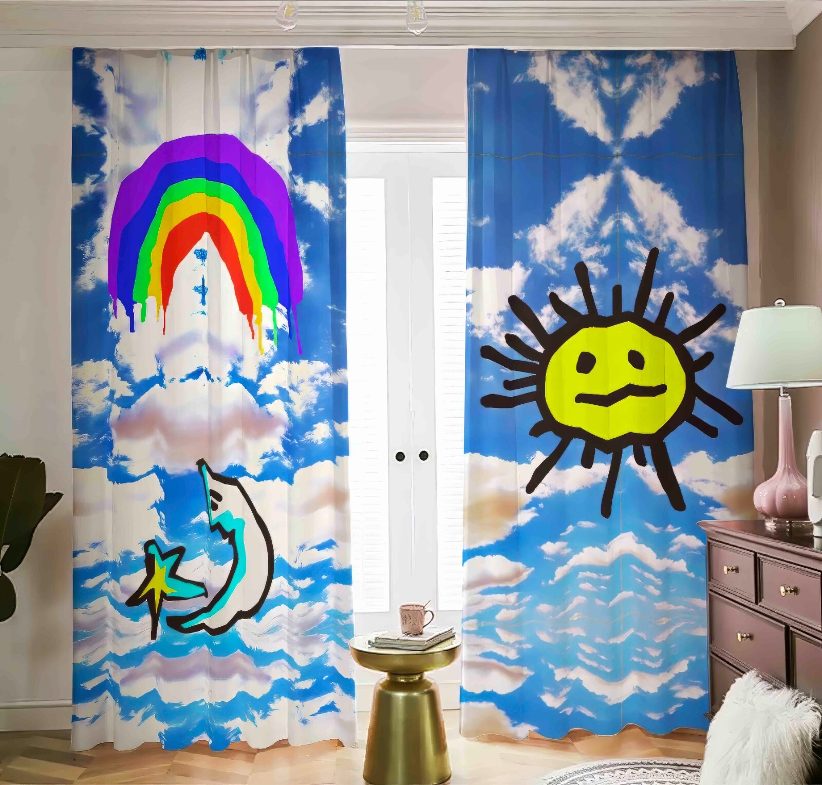 Nursery Sky Blackout Curtains Drapes Shades 2 Panel Set Sun Rainbow PlayRoom