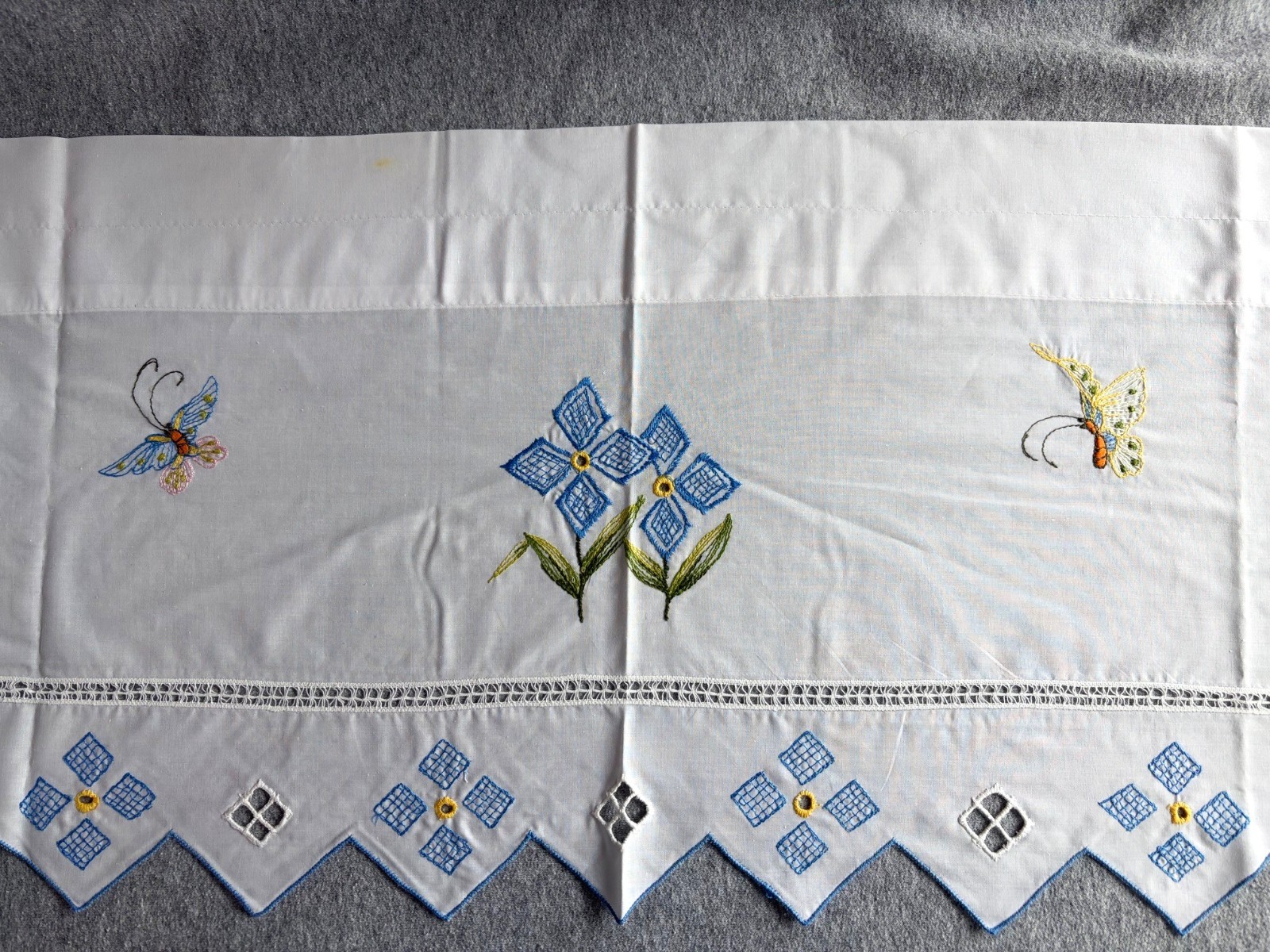 Embroidered Topper Valance Cutwork 12x68in. Butterflies Blue Flowers Rod Pocket