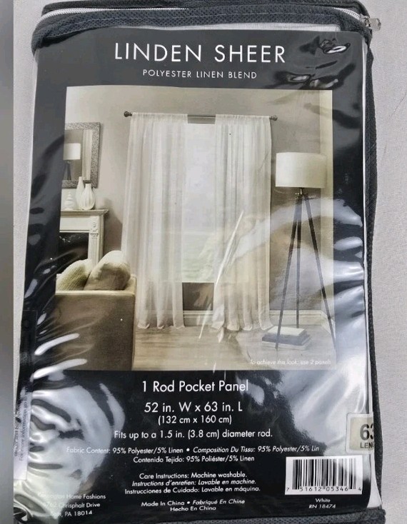 NWT Linden Sheer Linen Blend One Pocket 52’W X 63’L Curtain Panel