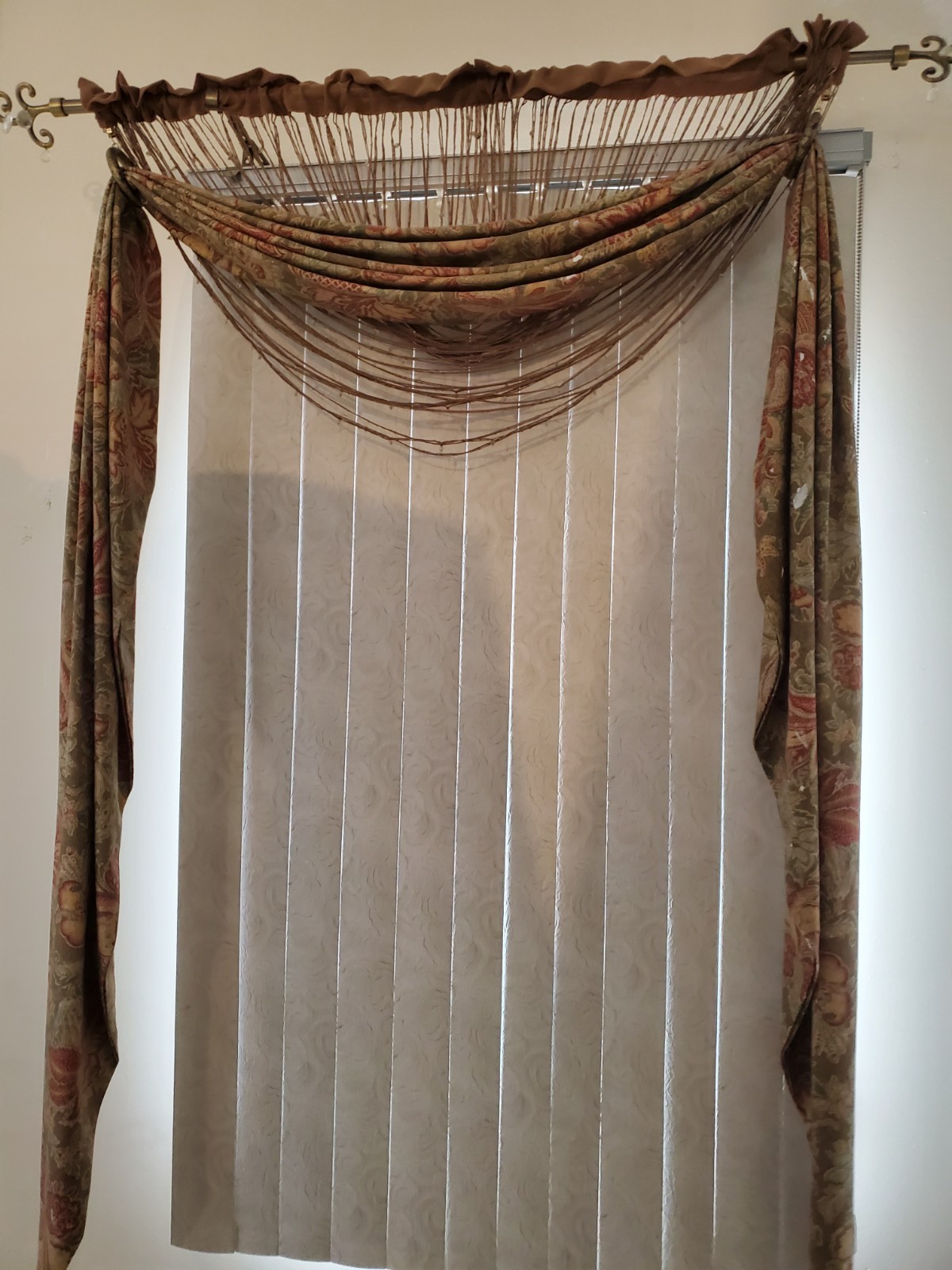 TWO (2) CUSTOM MADE 72″ L X 25″ W JACOBEAN MUTED MULTI-COLOR LONG SCARF VALANCES