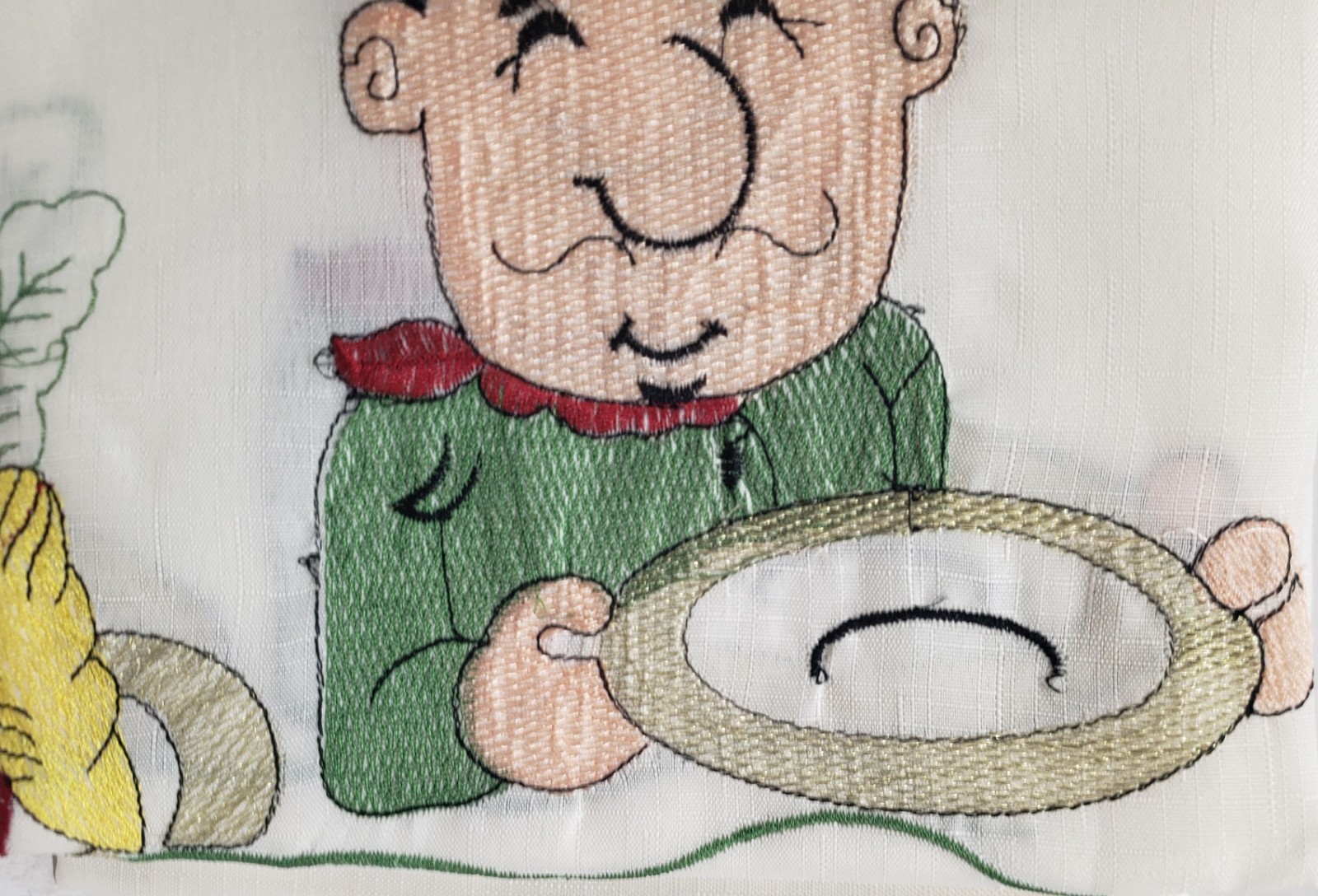 3 pc. Embroidery Curtains Set: 2 Tiers & Swag, FAT CHEF W/ SOUP PLATE, Mys