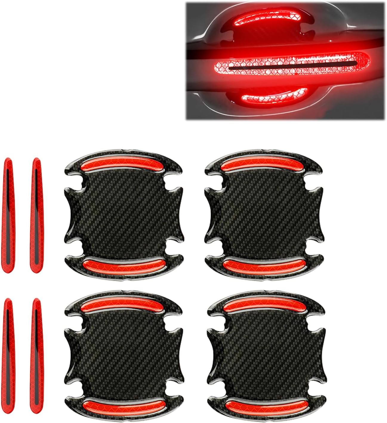 Car Door Handle Sticker, 4 PCS 3.5In x 3.2In Reflective Rubber 8 PCS Red