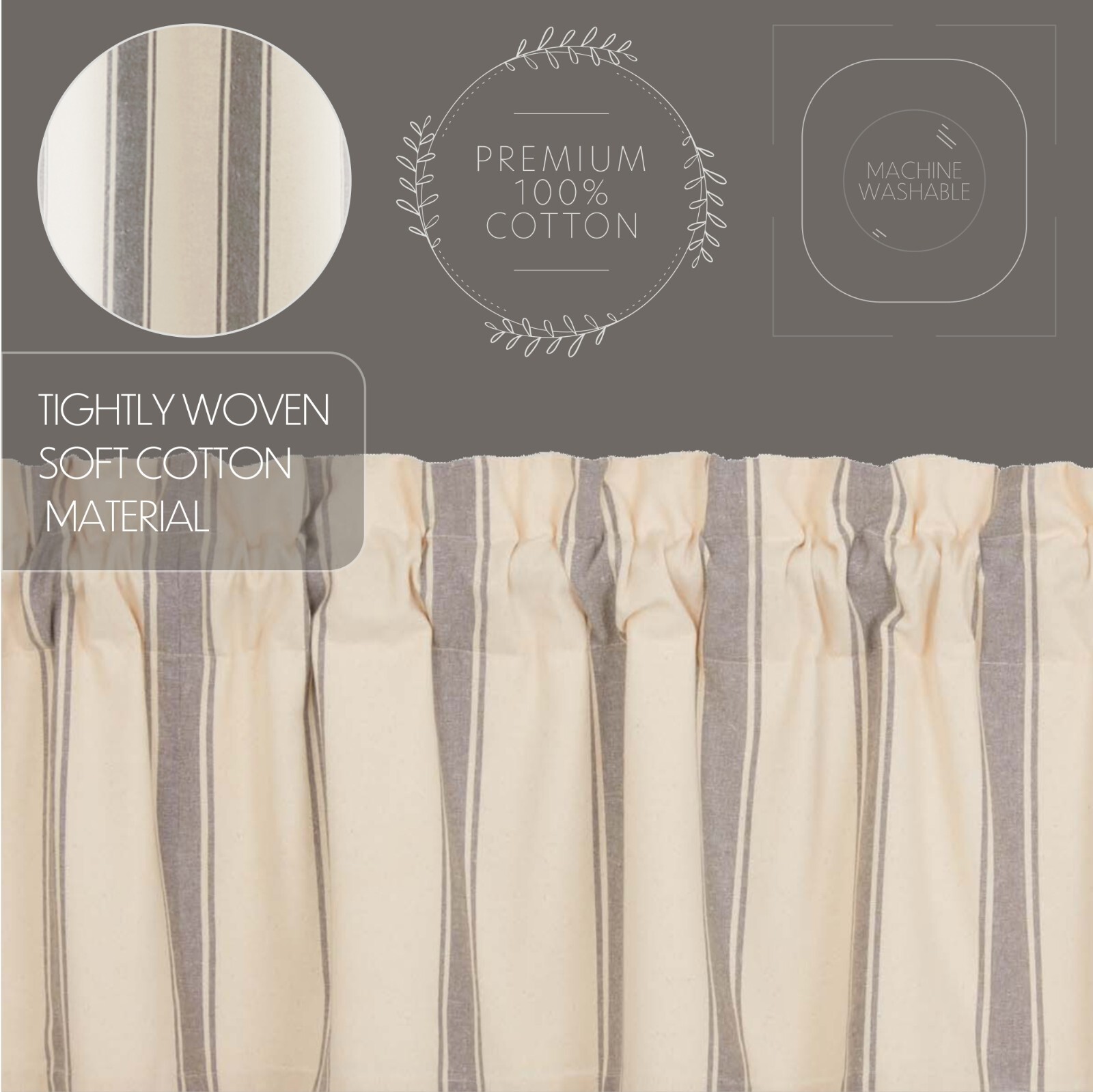 Grace Grain Sack Stripe Short Panel Set 63×36 Farmhouse Curtains Grey Creme