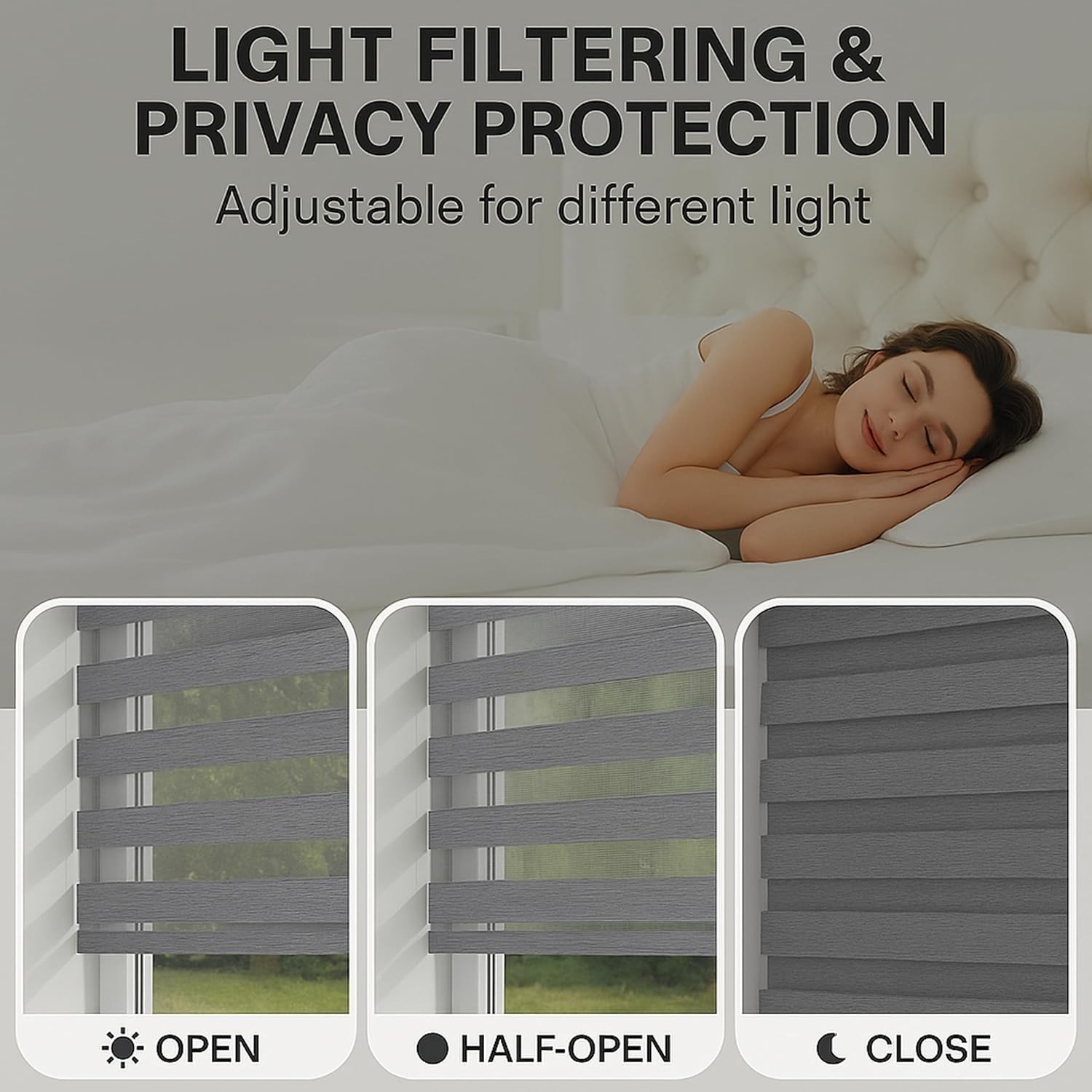 Versatile Cordless Zebra Shades 34” W x 72” H in Grey – Effortless Light Control