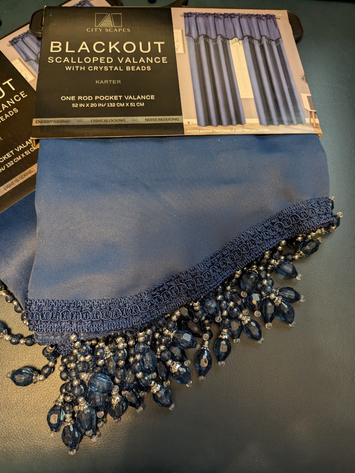 Luxury Navy Blue Scallop Valance with Gorgeous Heavy Beaded Trim