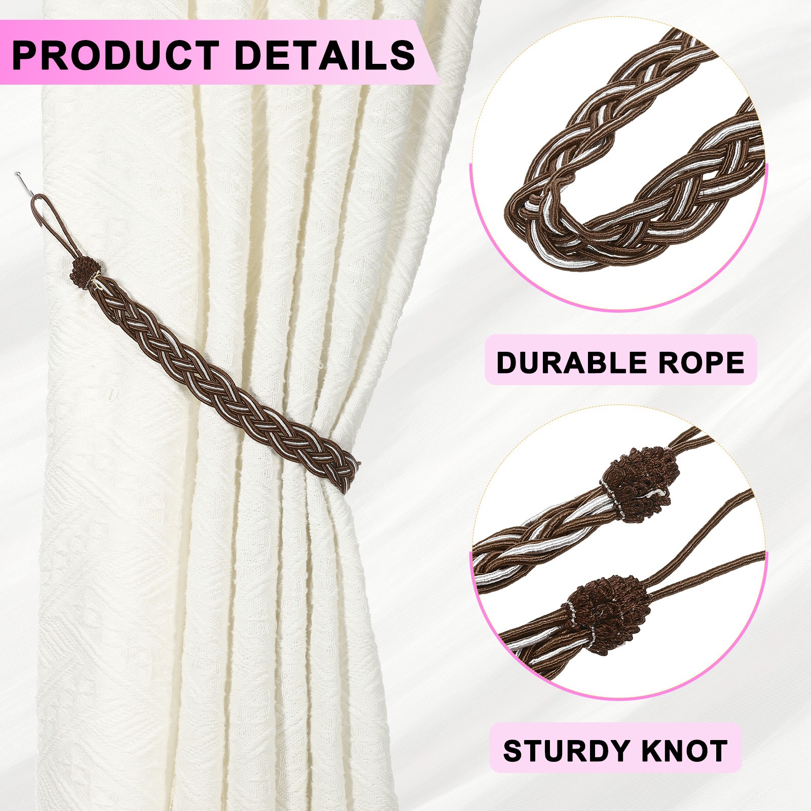 2Pcs Curtain Tiebacks 60cm/24″ Braided Drapery Holdback Dark Brown