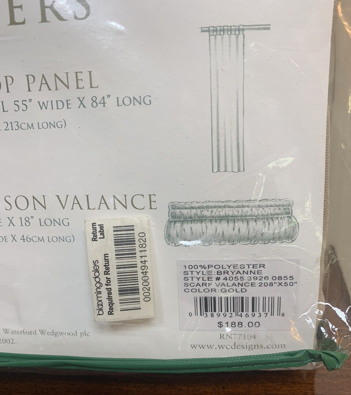 New – Waterford Window Covers – Scarf Valance ~ Gold ~ One Panel Fabric 208 x 50