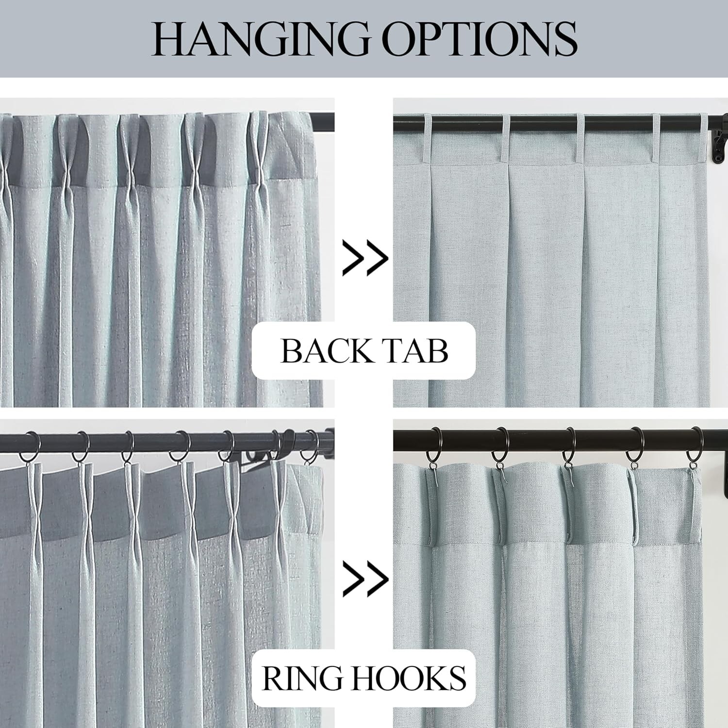 Pair Pinch Pleat Semi Sheer Curtains Textured Linen Blend Back Tab 108″ Blue Fog
