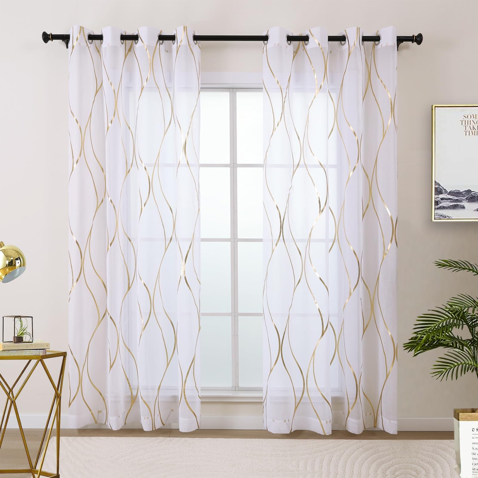 LZE Gold White Sheer Curtains 108 Inches Long 2 Panels Set Grommet Top Wave