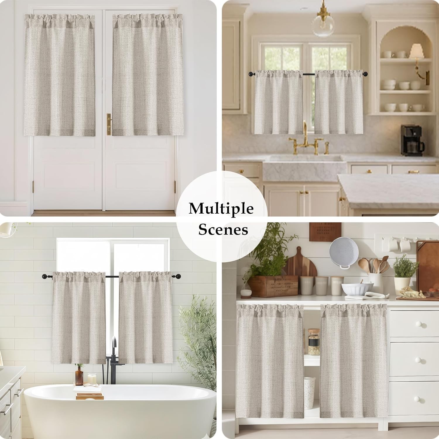 Linen Cafe Curtains 36 Inch Length 2 Panels Set, Light Filtering Textured Short
