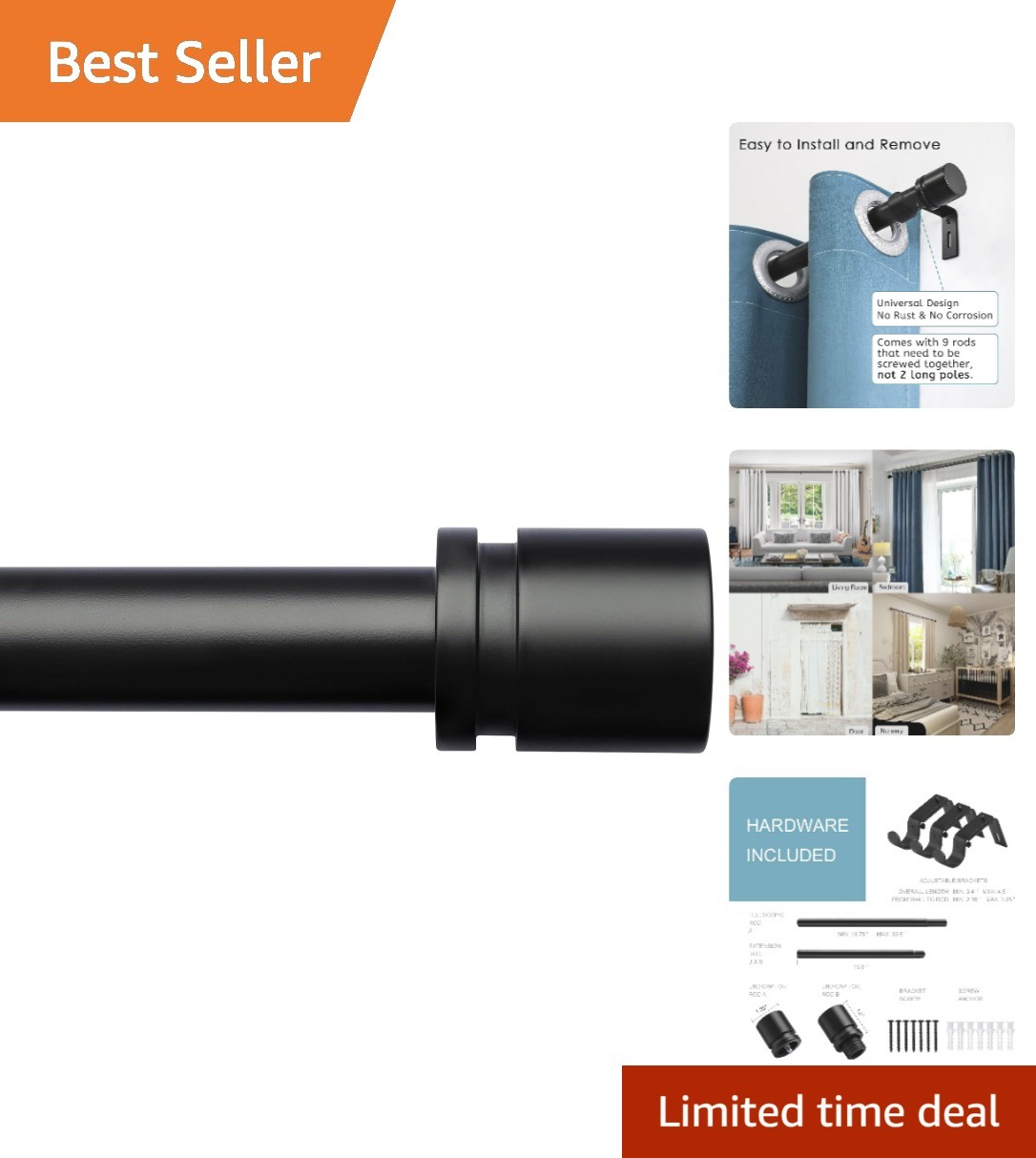 Heavy-Duty Black Curtain Rods | Adjustable from 16 to 144 Inches | Metal Finials
