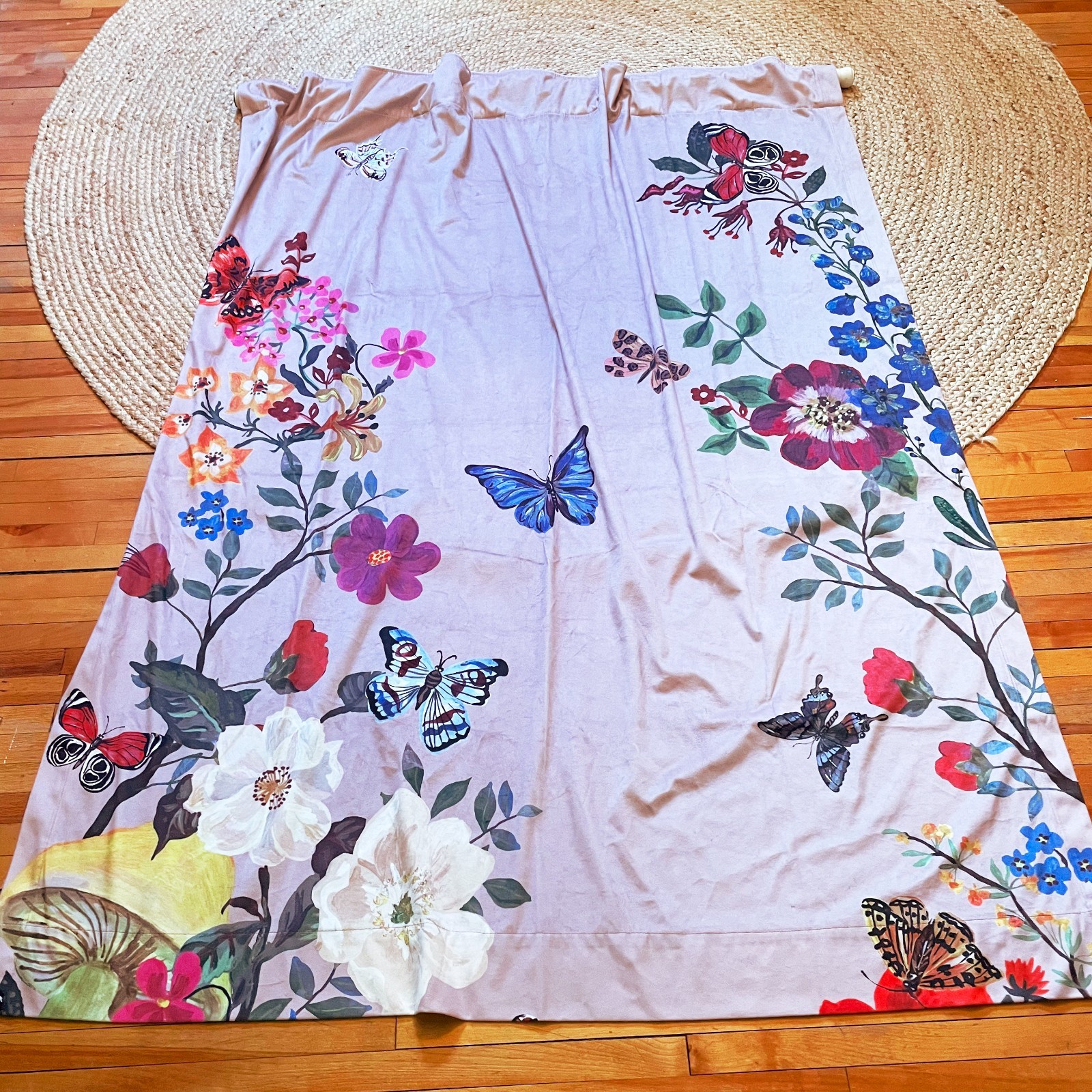 Natalie Leté Anthropologie Pink Velvet Butterfly Floral Curtain Panel 50″ x 63″