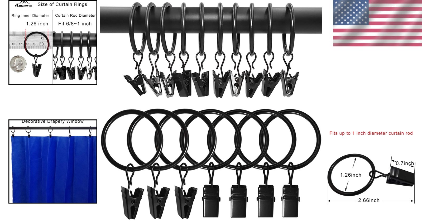 Set of 100 Rustproof Black Curtain Rings with Clips – Smooth Gliding Design