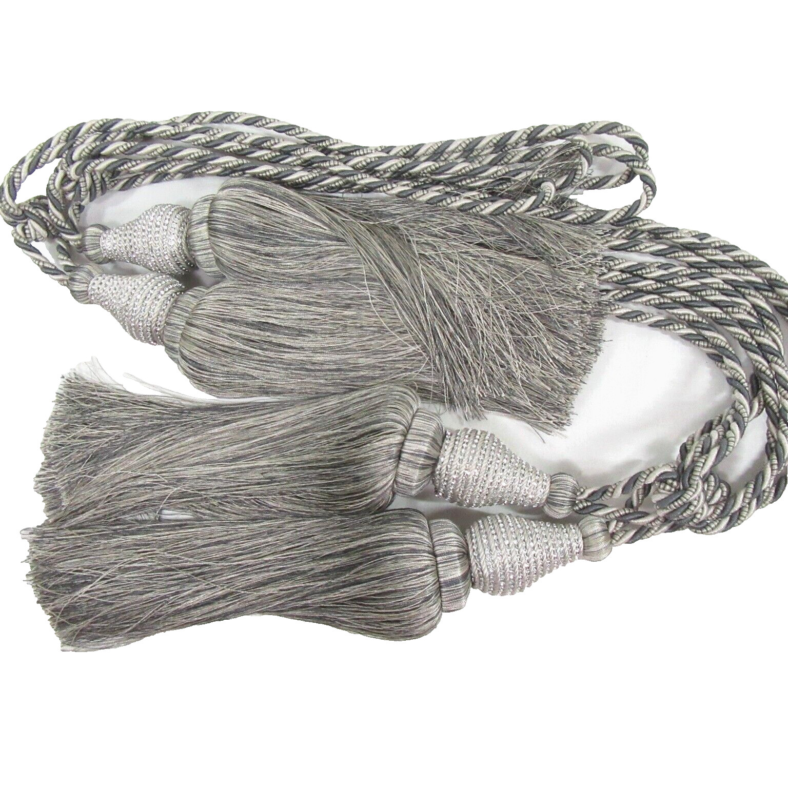 Rhinestone Embellished Silver Gray Large Tassel 4pc Tieback Set