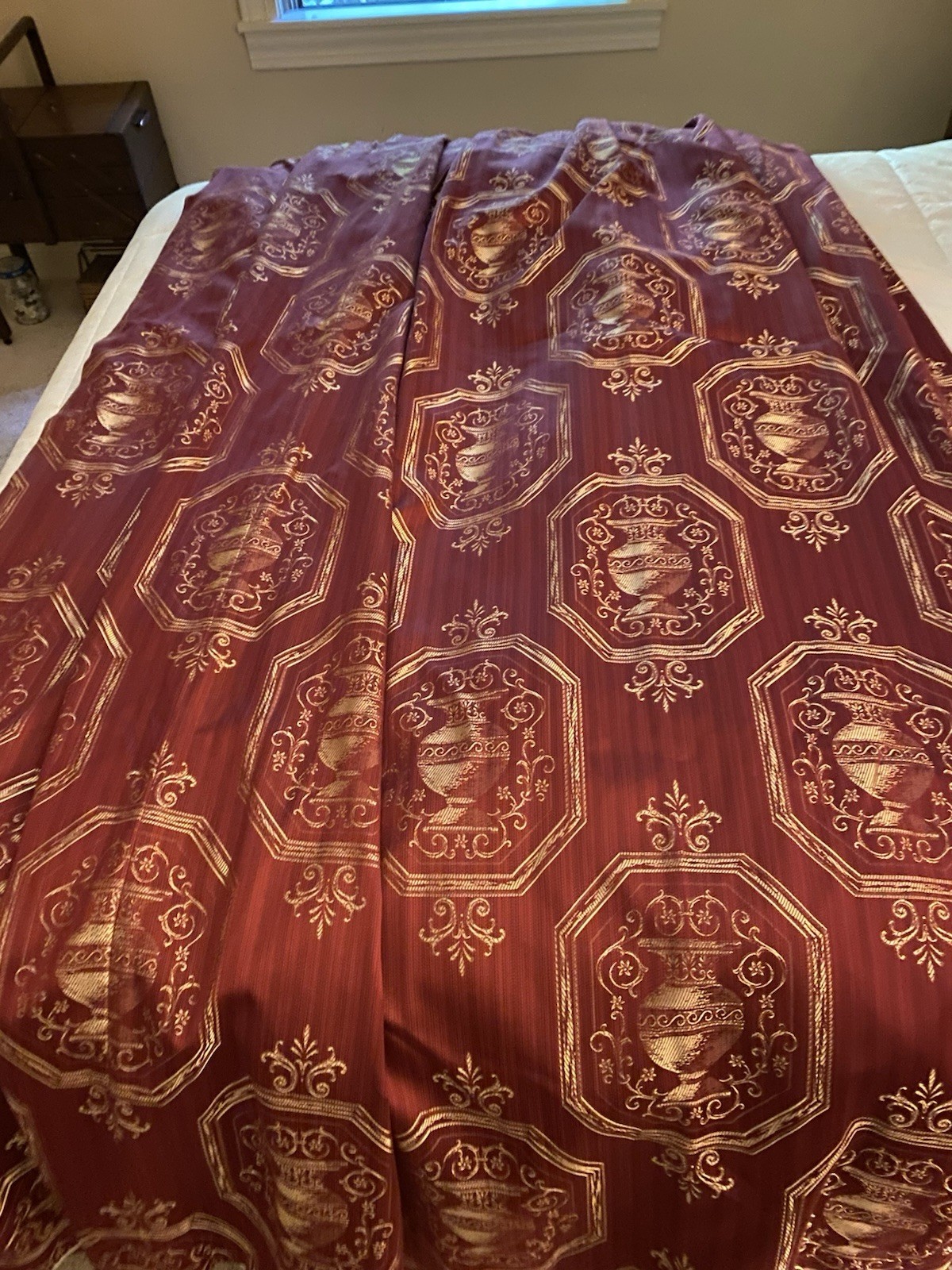 Pair Custom Made Decorator Pinch Pleated Drape Panels Red Lined Brocade 32”x94”