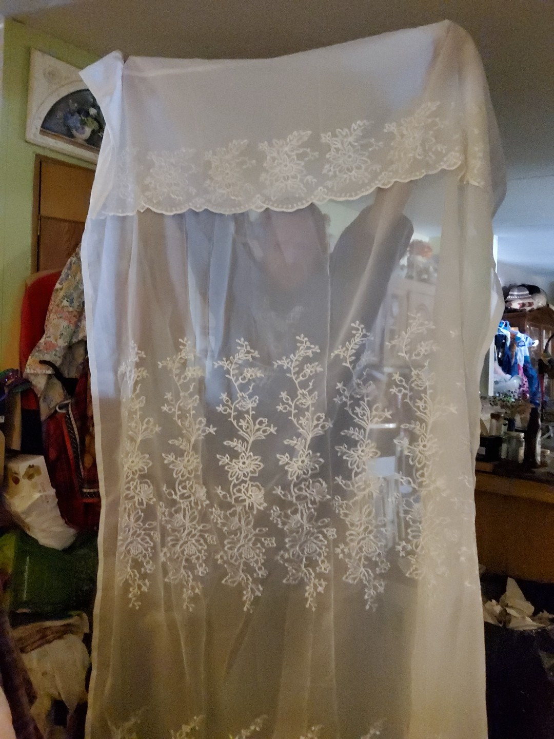 White Sheer Panels56″W X 82″L Floral Embroidered Scalloped 2 Panels W/valance