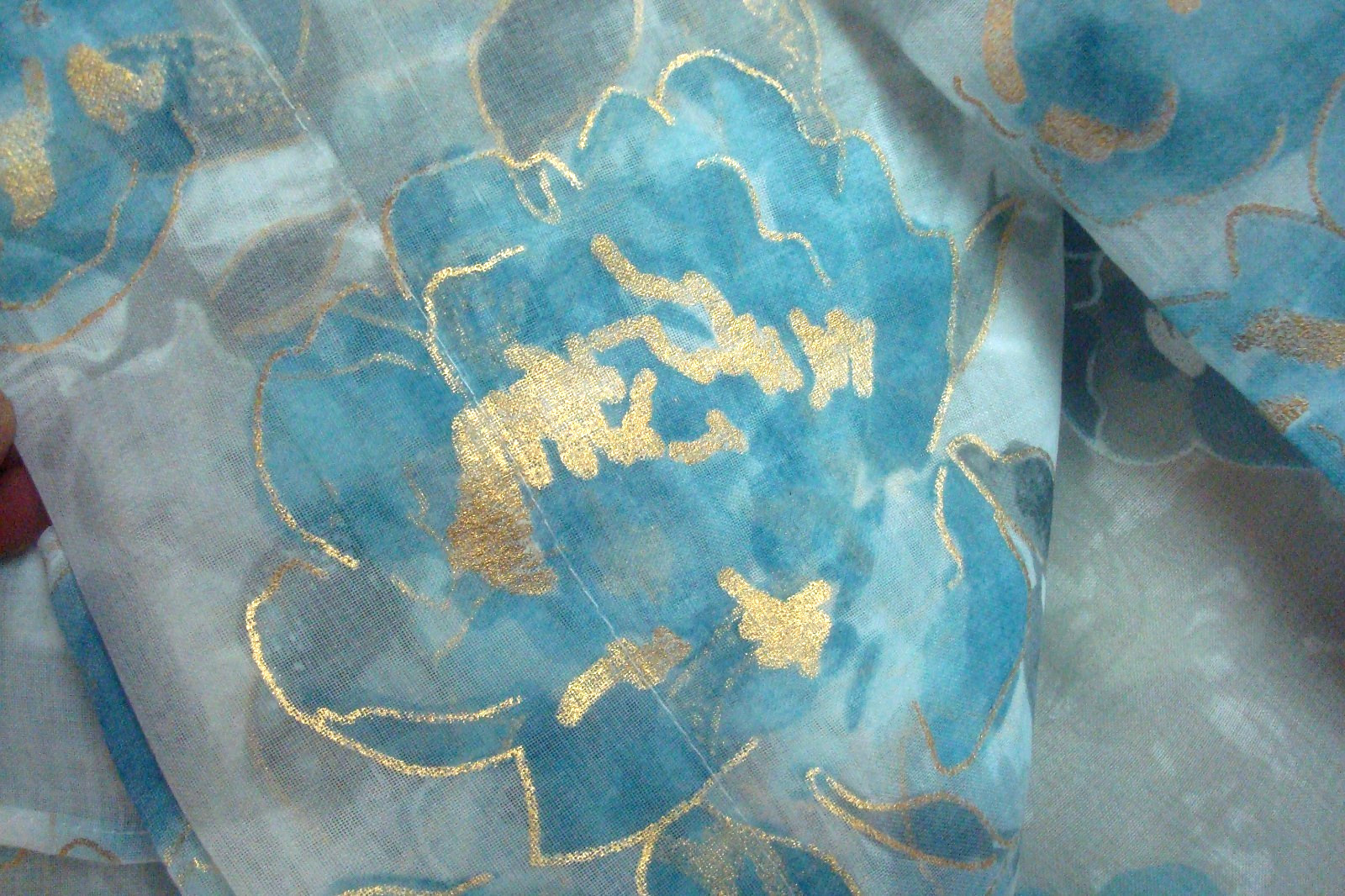 NWT Laura Ashley 4 pc Curtains Metallic Floral Sheer Aqua Gold each 38 x 96″ lg