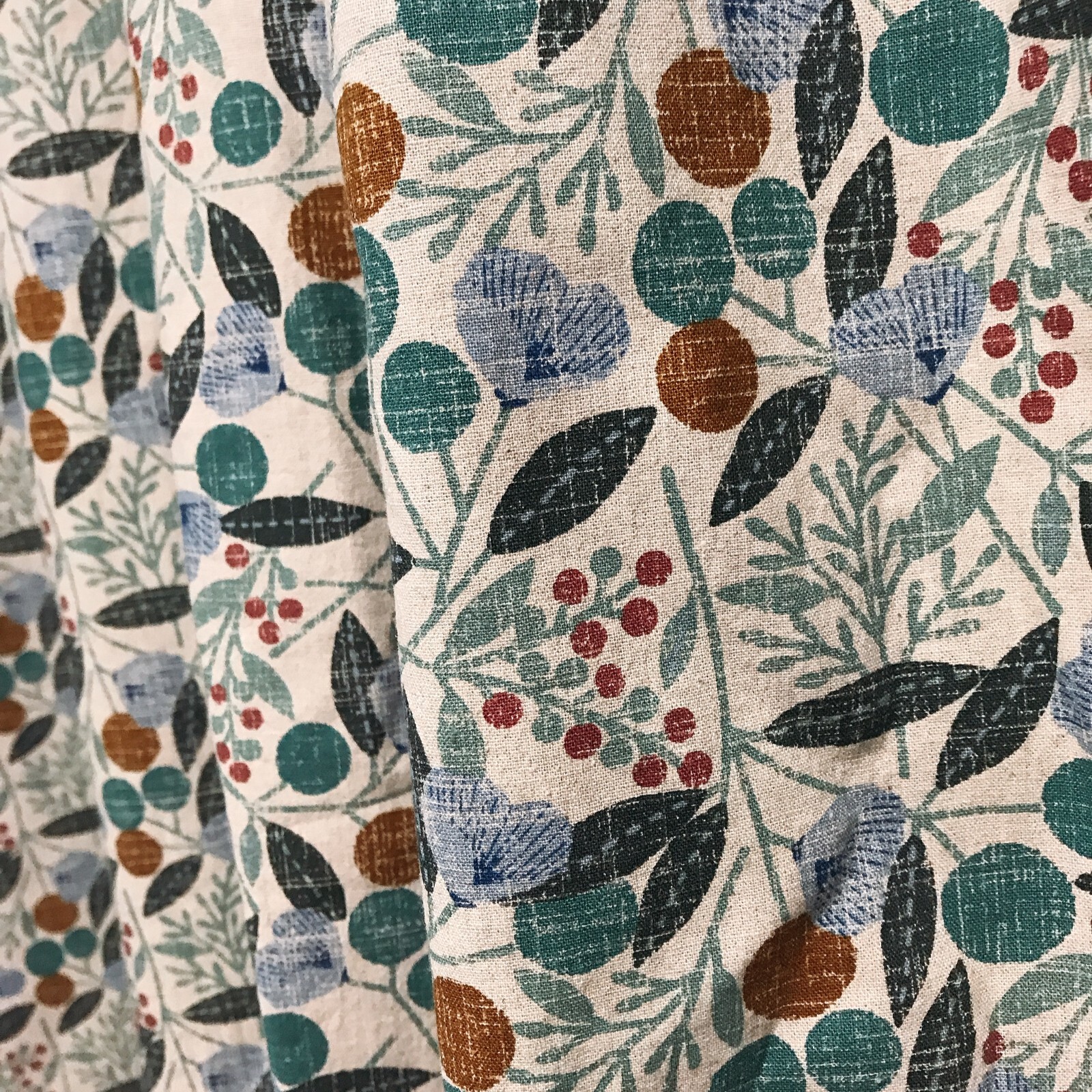Modern Vintage Handmade Teal Cherry Blossom Pattern Natural Beige Curtain Panels