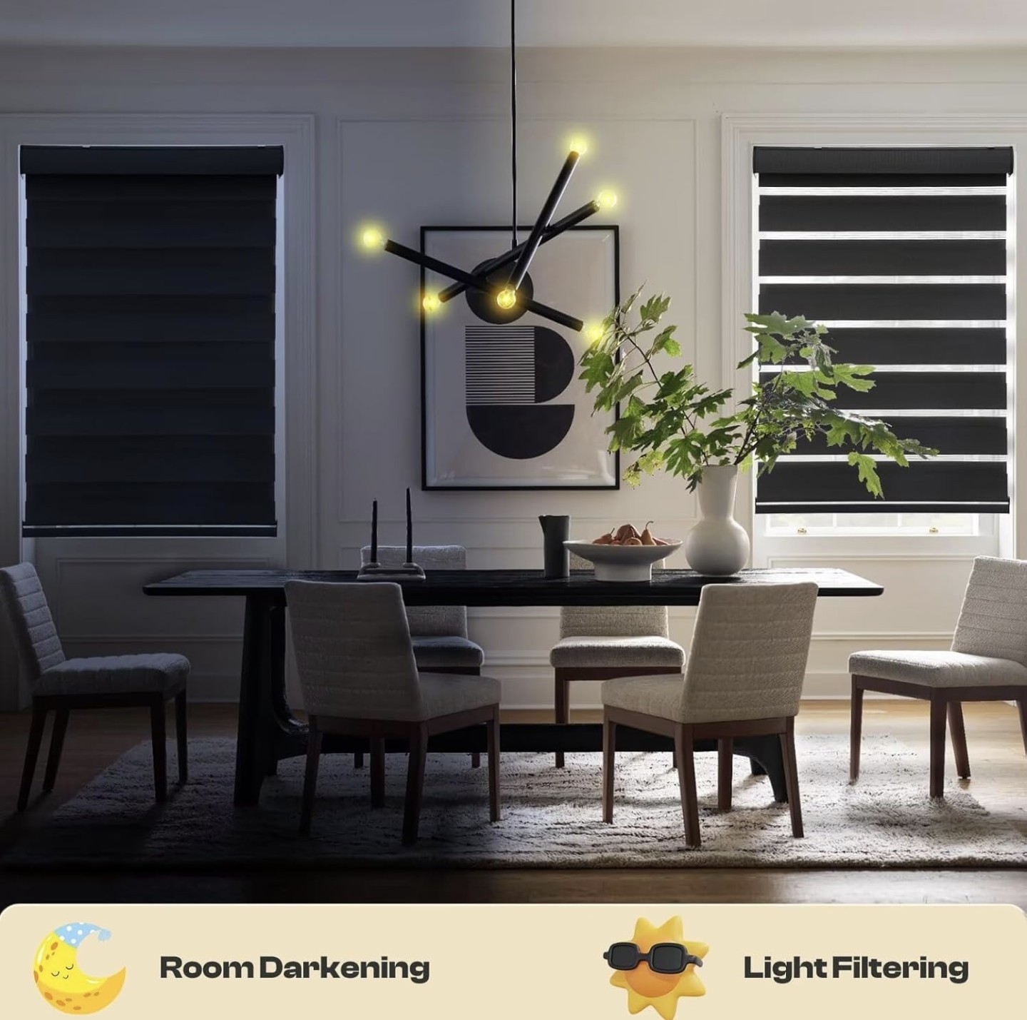 27×72 Zebra Roller Shades – Cordless Day/Night Light Filtering Blinds, Black