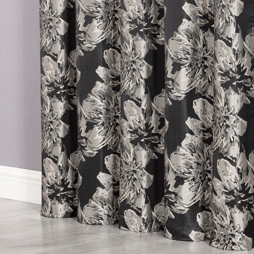 Chezmoi Collection Kelsey 4-Piece Black Gold Jacquard Woven Hibiscus Curtain Set