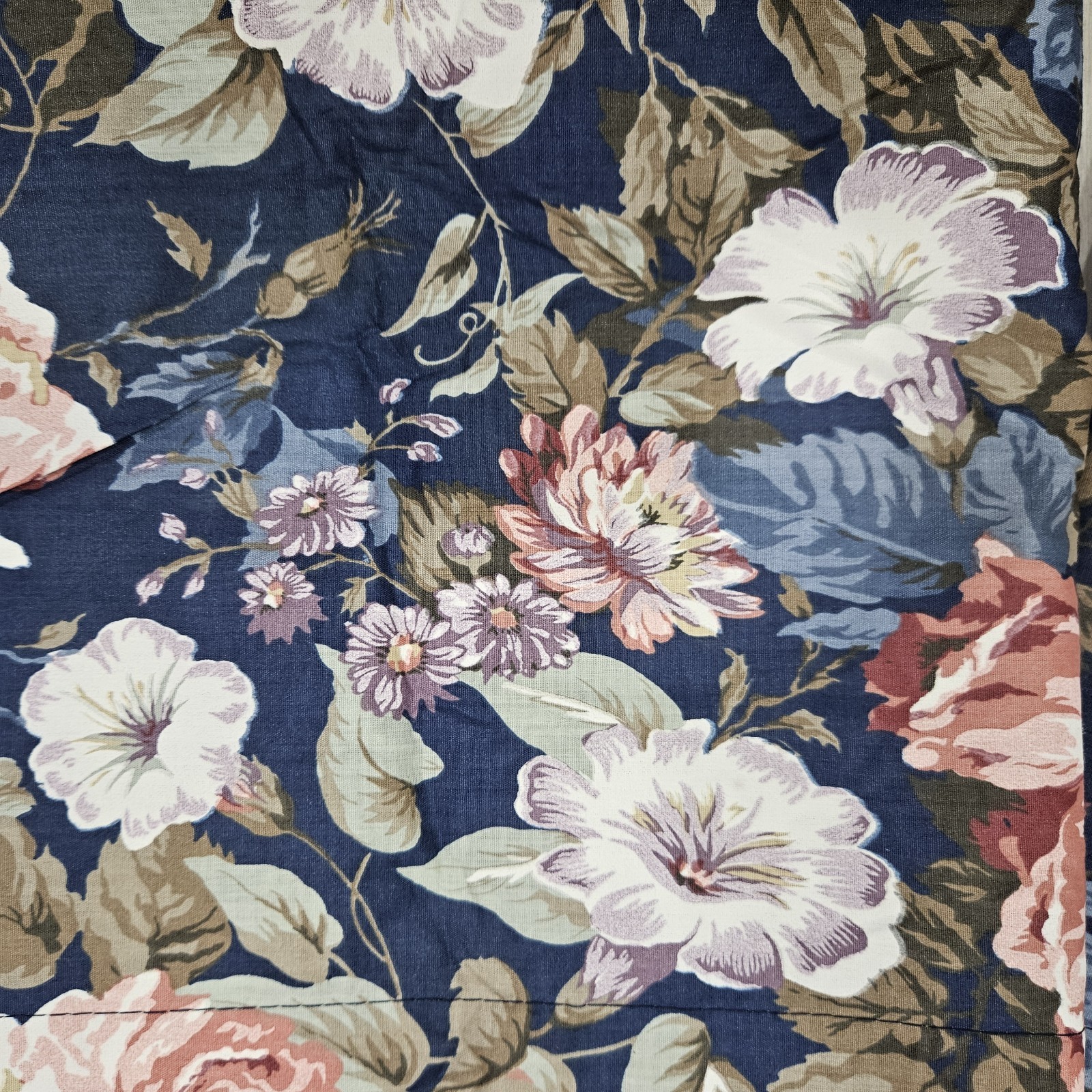 VTG JC Penney Big Pink Floral Roses Window Valances Navy Blue Chintz Pair 70X18″
