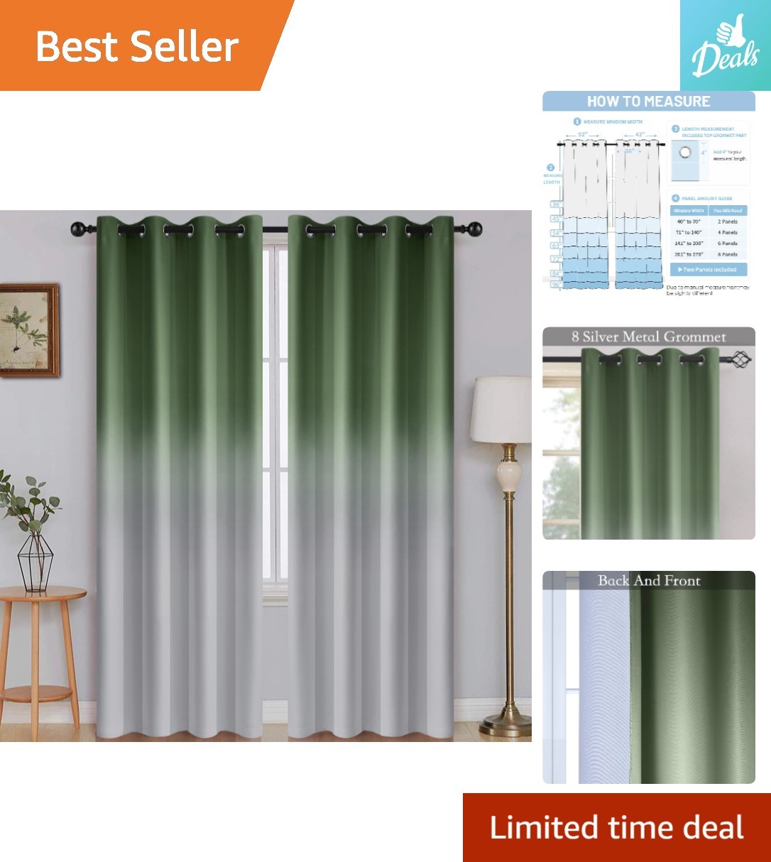 Grommet Top Ombre Blackout Curtains – Sage Green to Grey, Easy Care 2 Panels