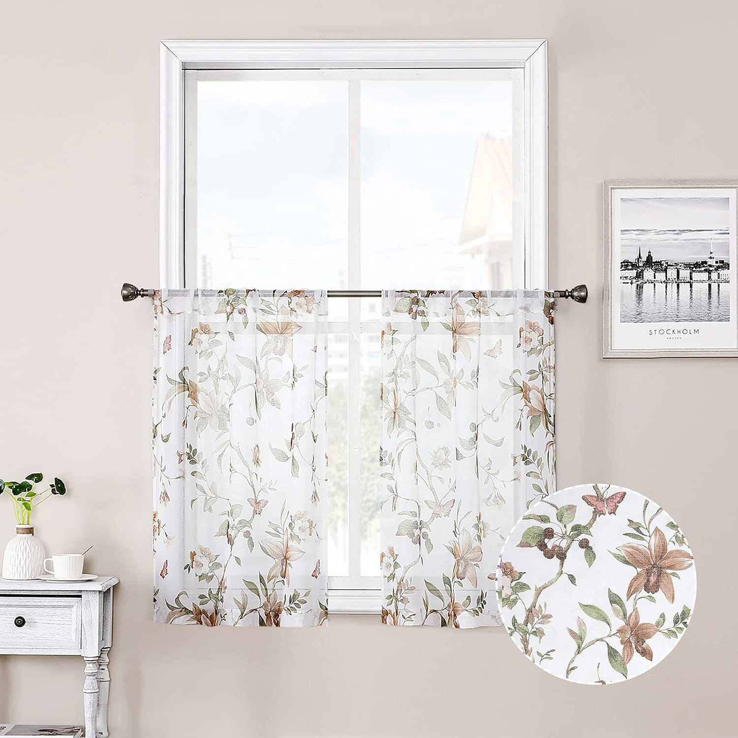 Floral Short Sheer Tier Curtains Taupe Cherry Flower Butterfly Print Half Curtai