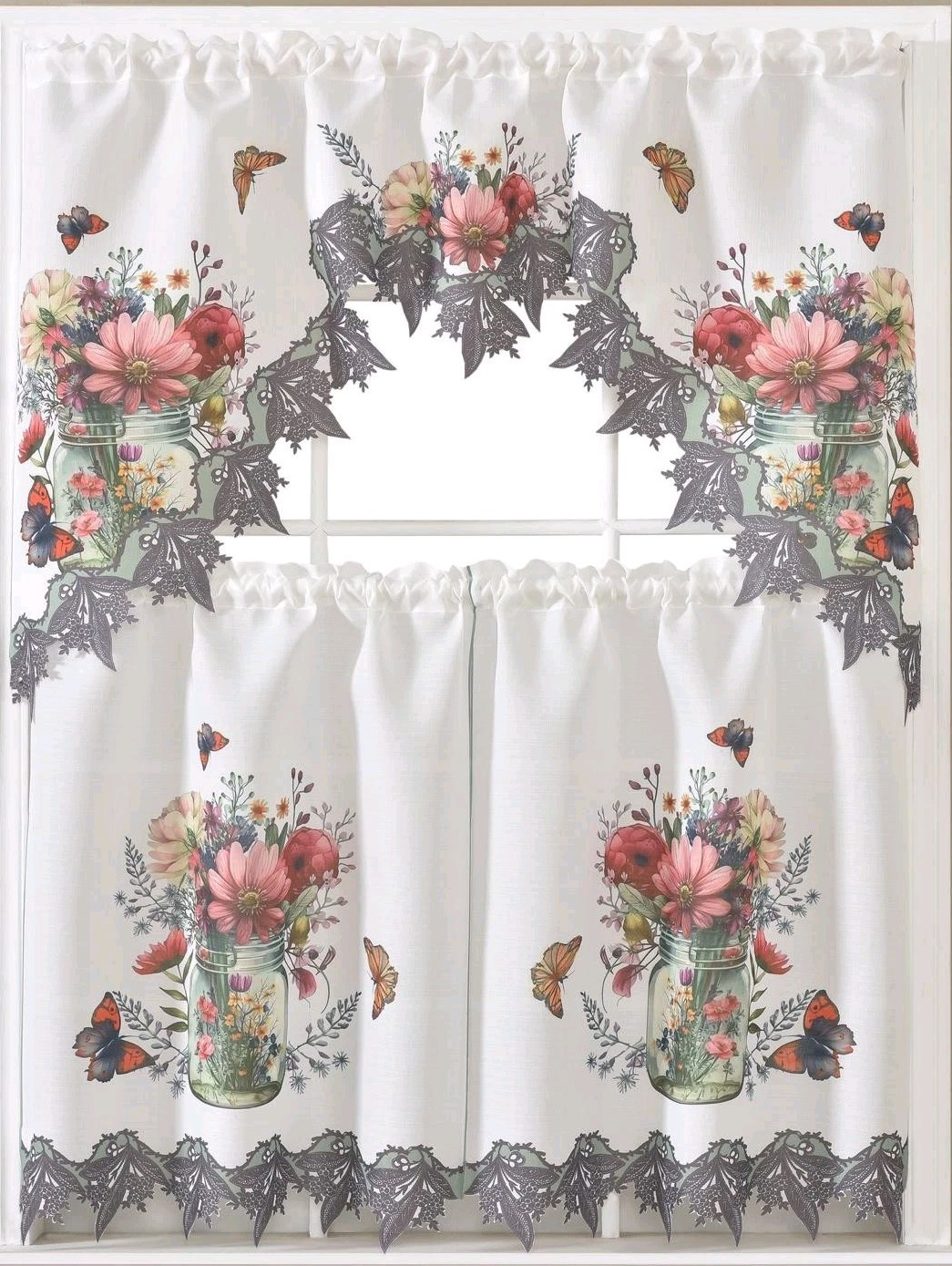 3pcs Kitchen Curtain Butterfly Flowers valance/ Tiers 60’x36’in FREE SHIPPING