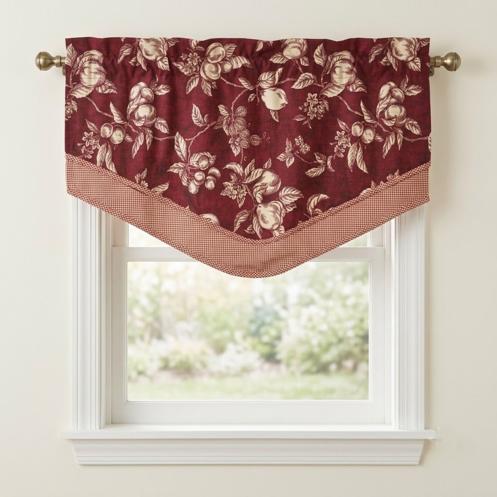Set of 3 Waverly Garden Room Curtain Valances Ascot Red Gingham Fruit and Floral