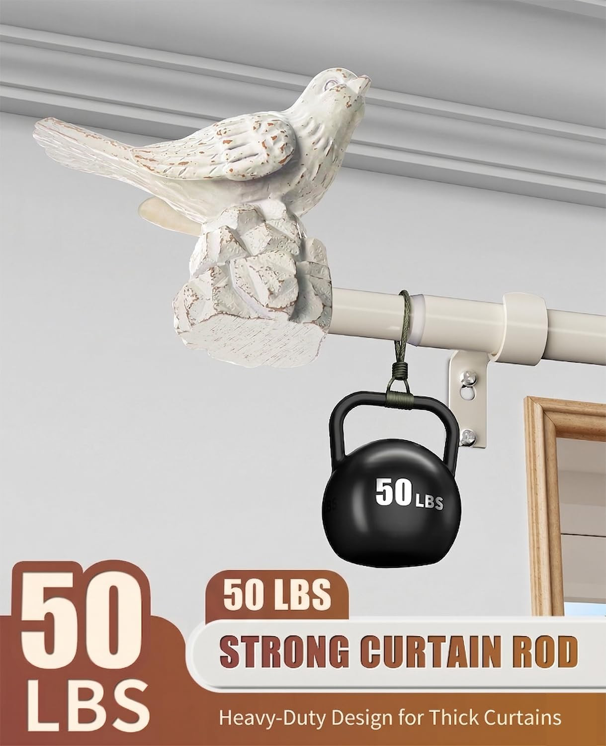 Adjustable White Curtain Rod 36-120″ with Bird Finials for Heavy Duty Use