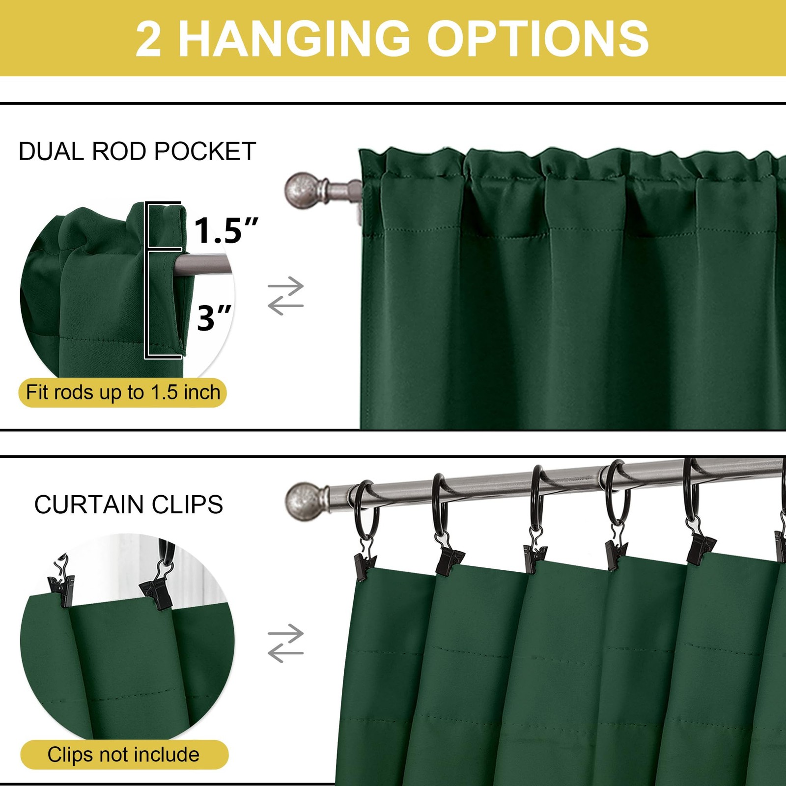Blackout Tier Curtains 24″ for Kitchen, Bathroom, RV, 2 Panels, Rod Pocket