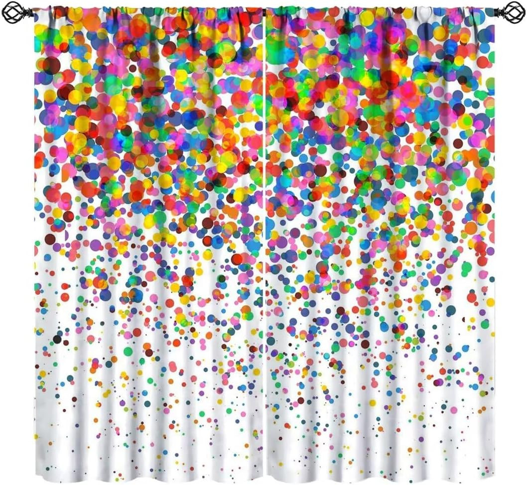 Colorful Polka Dot Curtains, Abstract Geometric Confetti Falling Rainbow Geometr