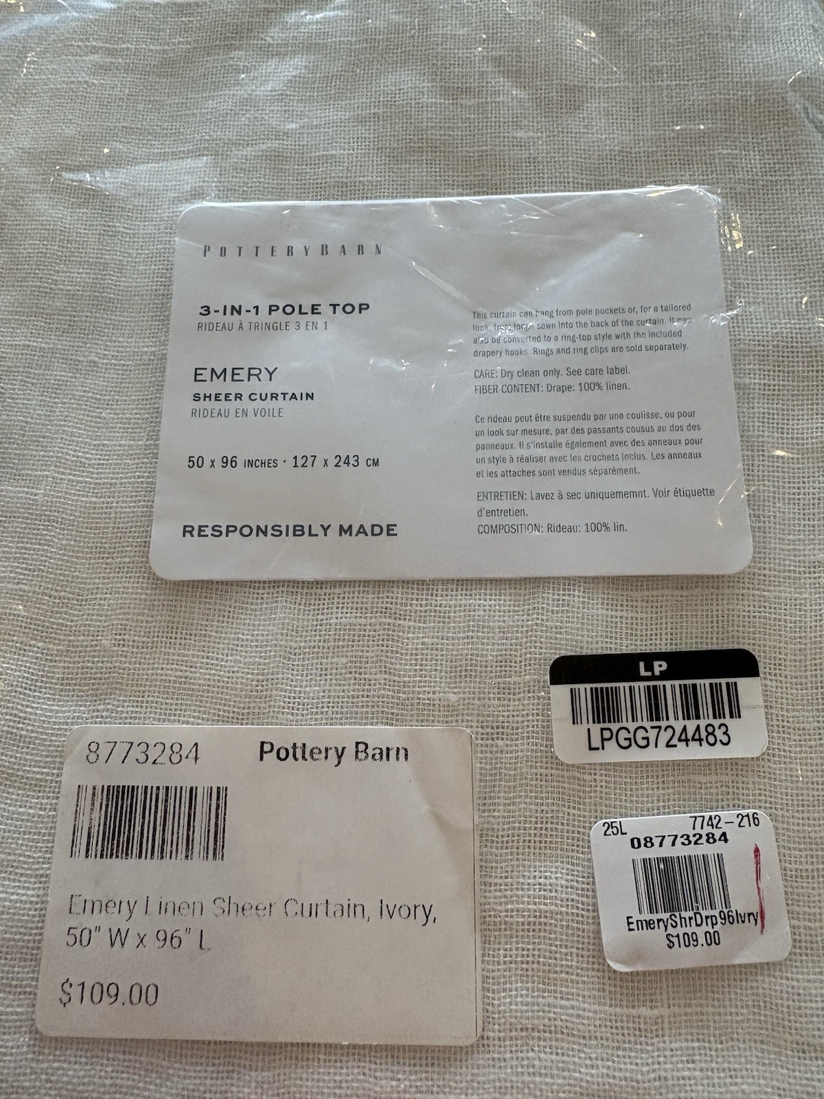 Pottery Barn Emery Linen Sheer Curtain Panel Ivory 50 x 96 NEW