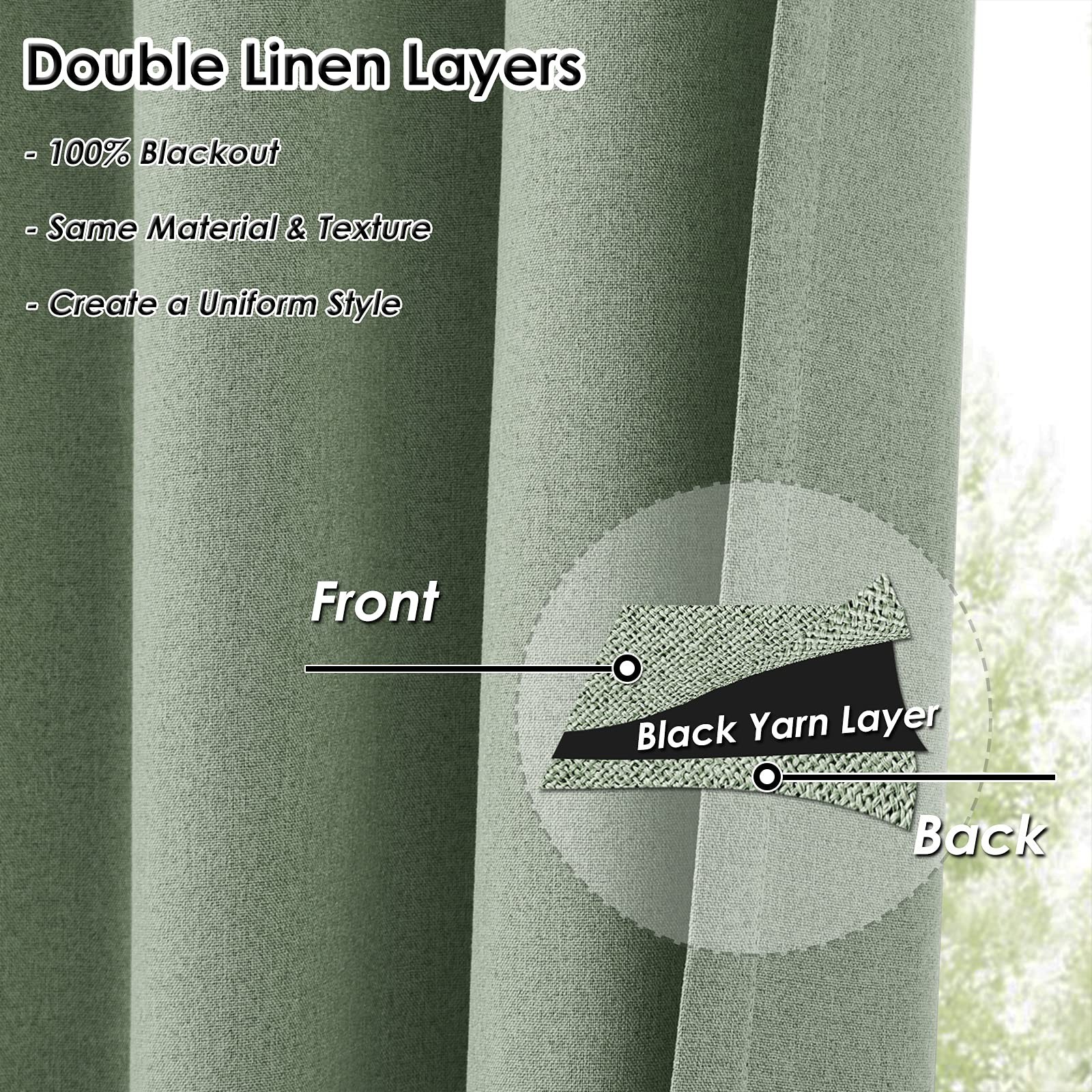 Melodieux Green Linen Blackout Curtains 84 Inches Long for Bedroom, Living Ro…