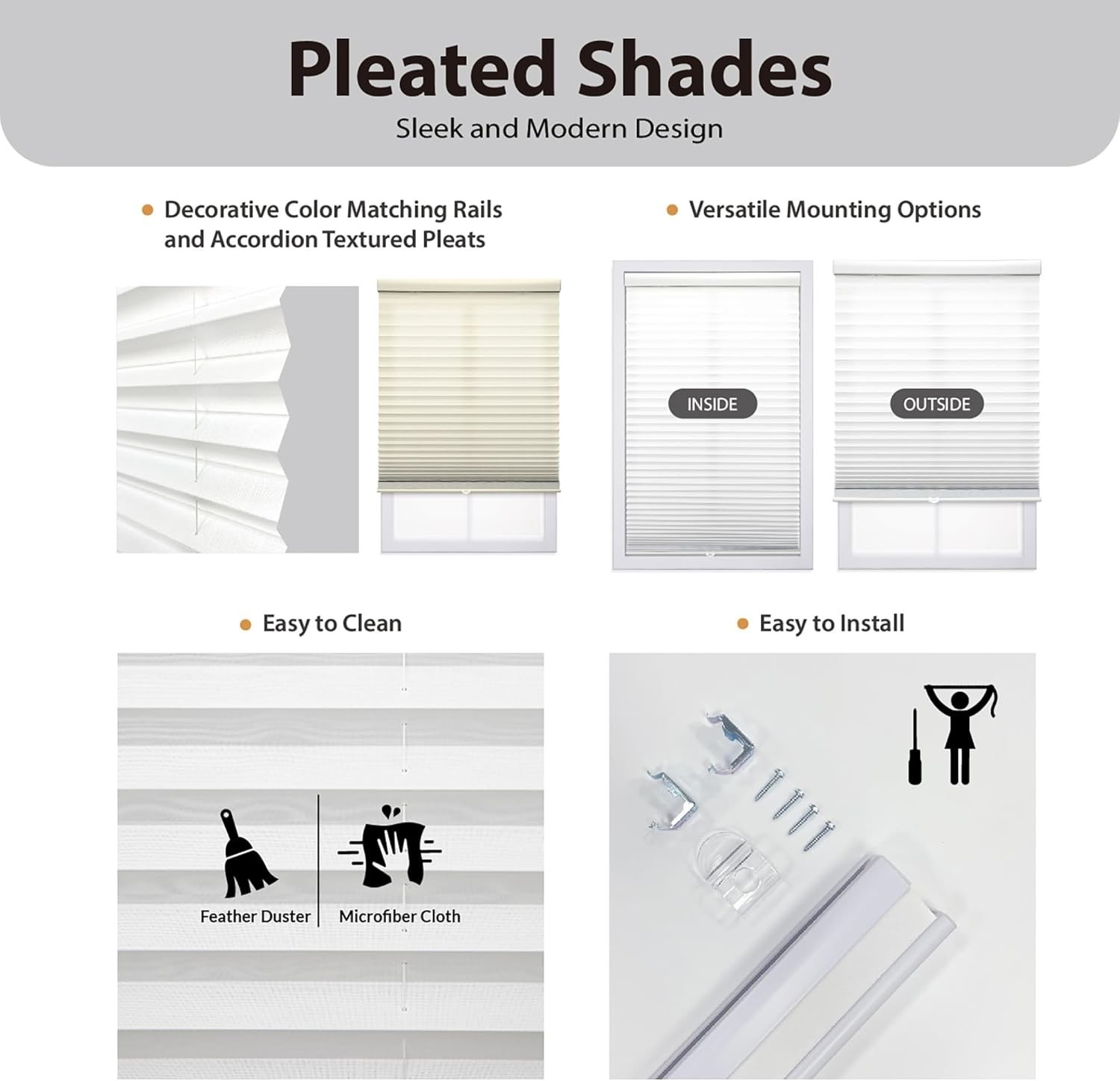 DEZ FURNISHINGS Cordless 1″ Light Filtering Pleated Shade, 58″L x5″W x 3″H