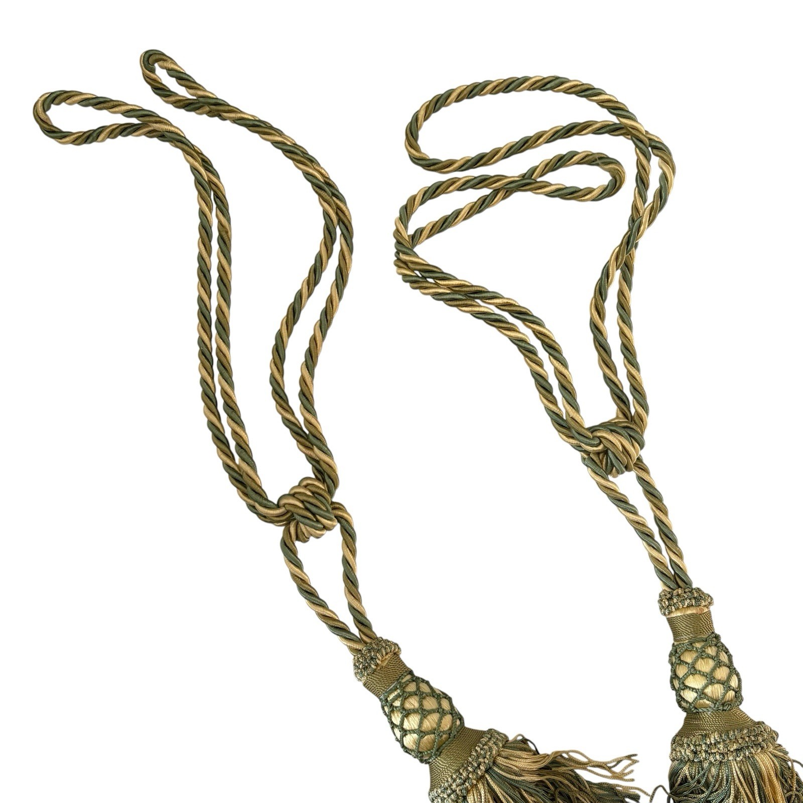 2 Decopro Drapery Curtain Tiebacks Green & Gold Woven Braided Knot Tassels
