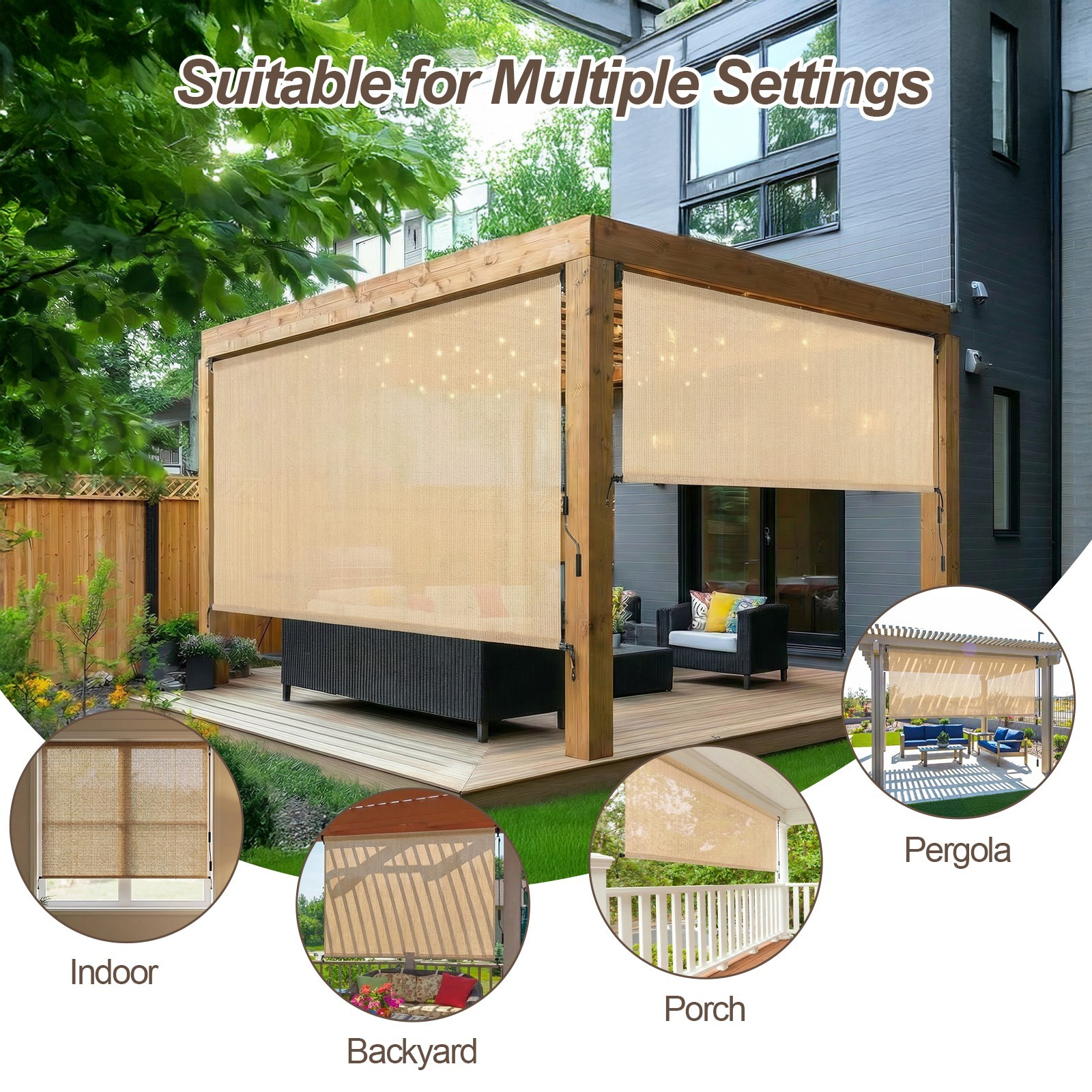 Patio Roller Shade HDPE Fabric Outdoor Cordless Roll Up Shade for Porch Beige