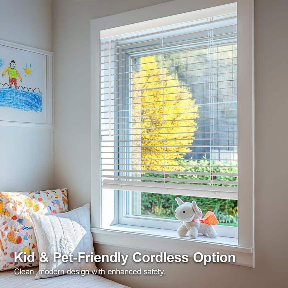 White Cordless Room Darkening Faux Wood Window Blinds with 2 In. Slats, 27 In. W
