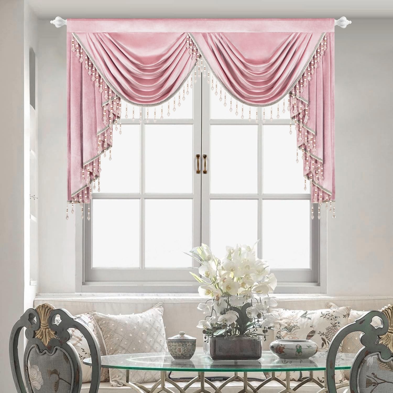 Leeva Pink Velvet Waterfall Valance for Bedroom, Elegant Swag Curtain with Lu…