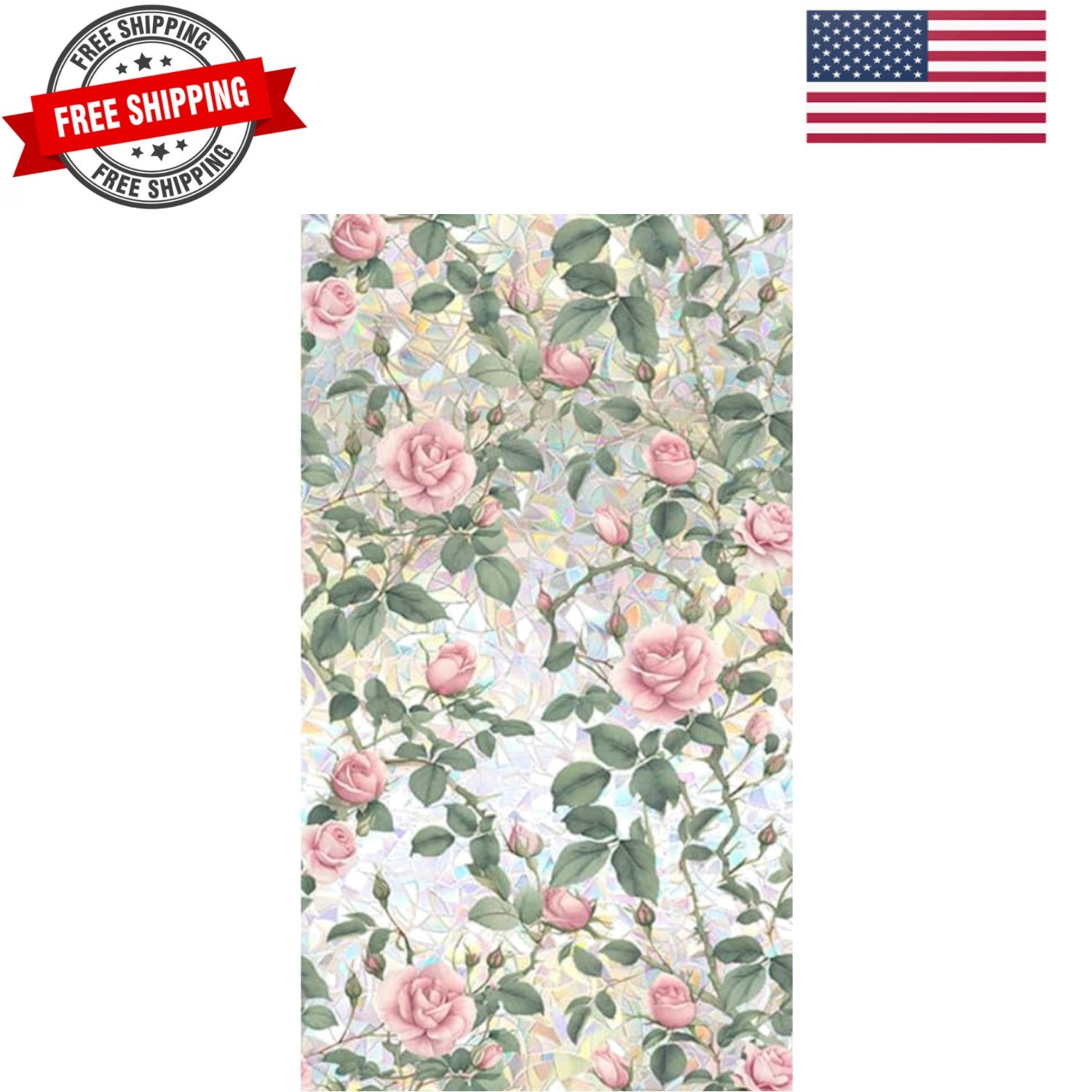 Retro Pink Rose Flowers Window Privacy Film,3D Stained Glass Rose Rainbow Win…