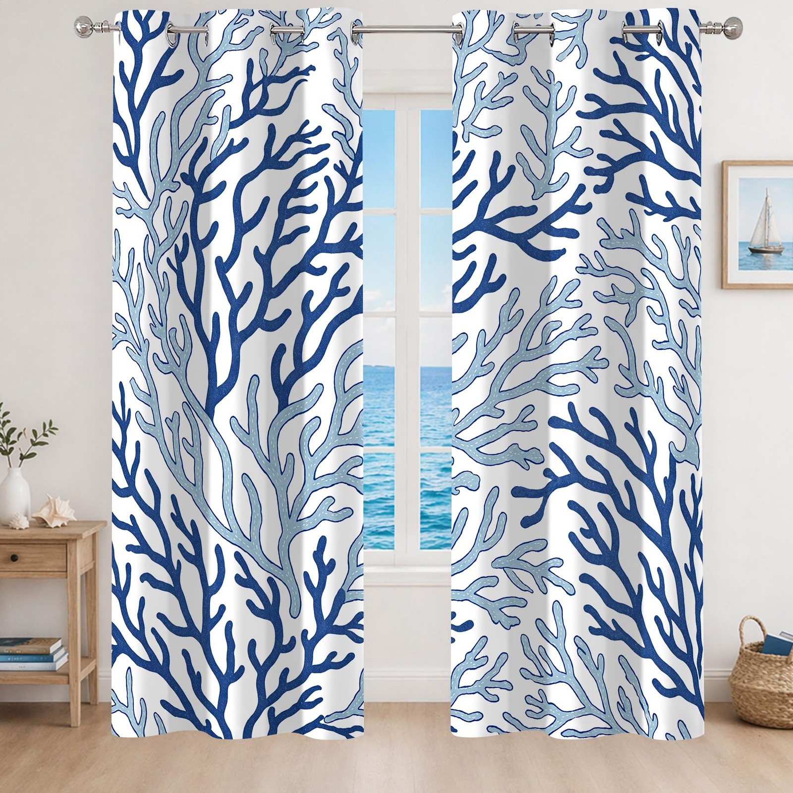 Coastal Coral Blackout Curtains Blue and Teal, 42×84 inch 2 Panels