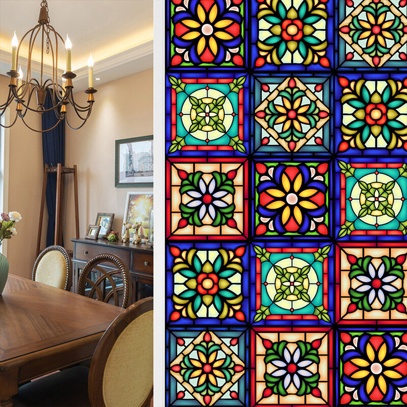 Colorful Retro Flower Birds Window Glass Electrostatic Sticker Removable Privacy