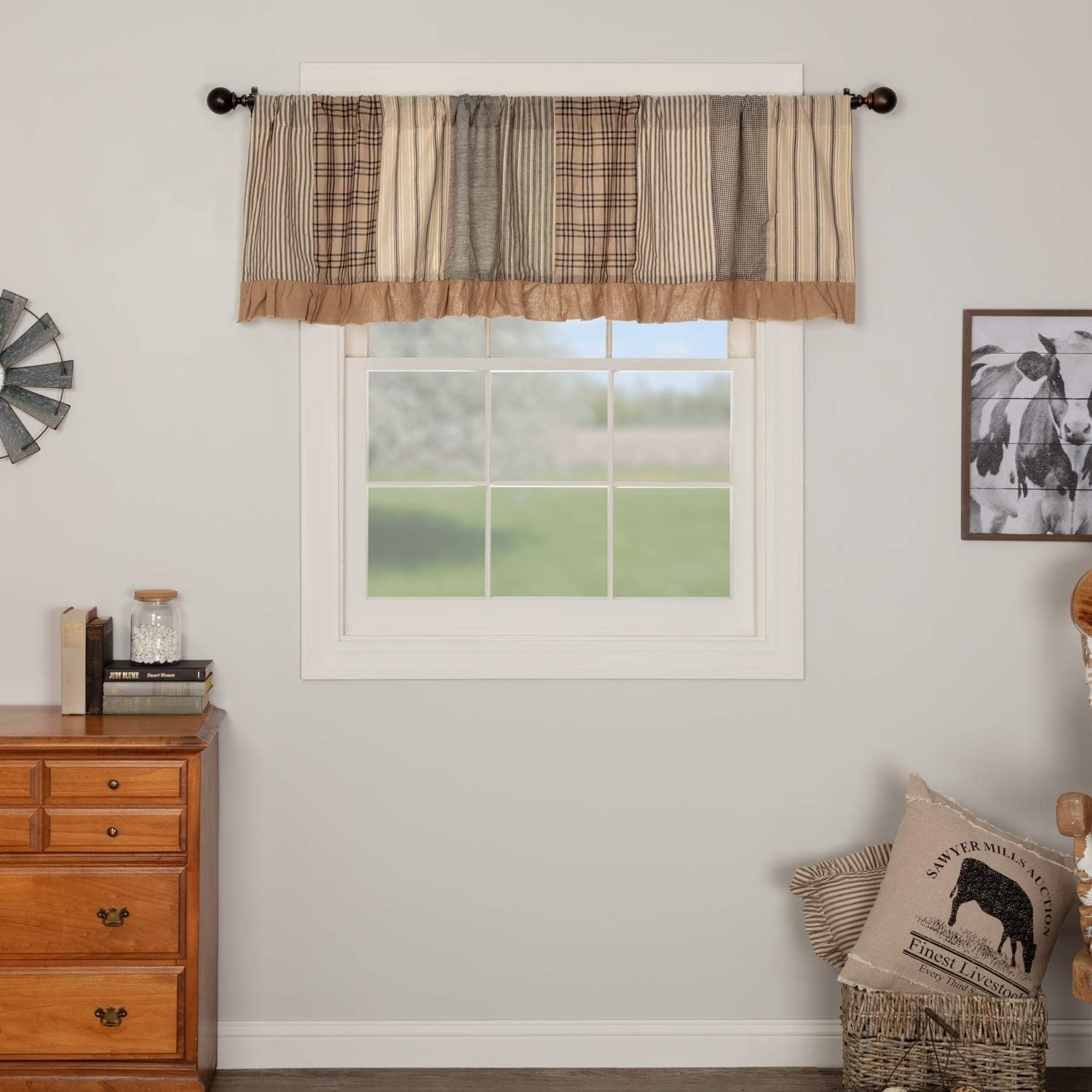 VHC Brands Patchwork Lined Valance 19″x72″ Sawyer Mill Charcoal