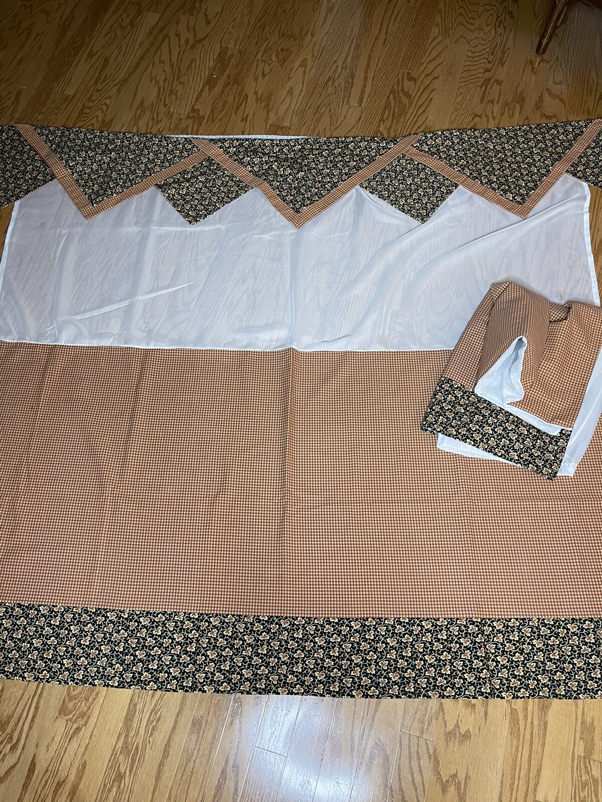 Vtg Custom Valance (96″ W) & 2 Panels (73″W) Black Floral Orange Check GORGEOUS!