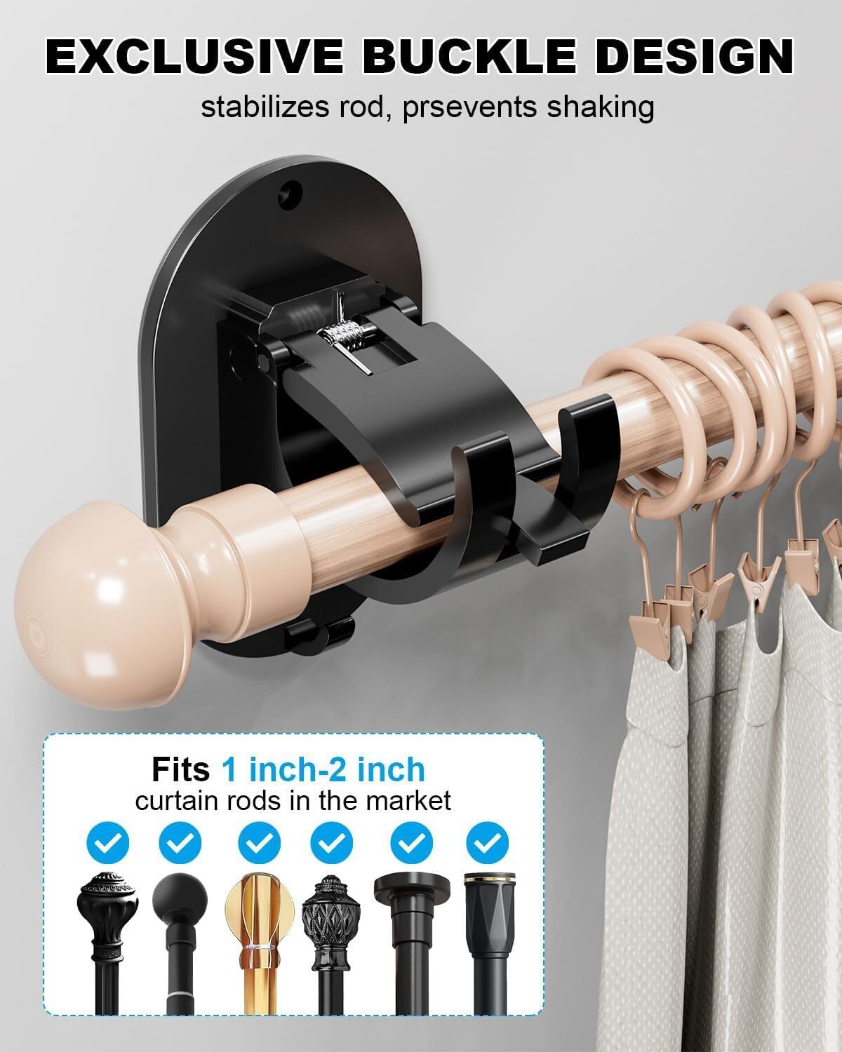 4 Pieces Self Adhesive Curtain Rod Bracket, Universal Plastic Black