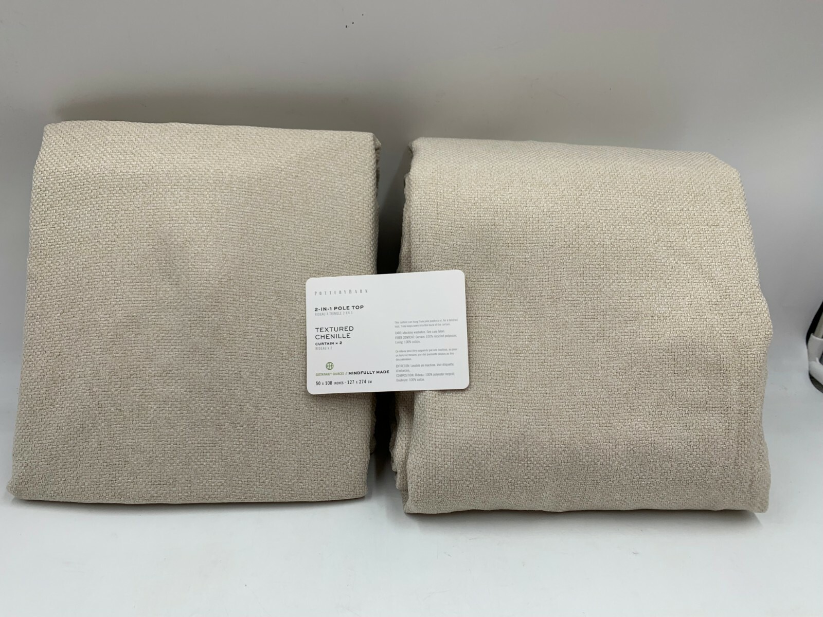 Pottery Barn Textured Chenille Cotton Lined Curtains Panels Flax 50x 108″ #N260