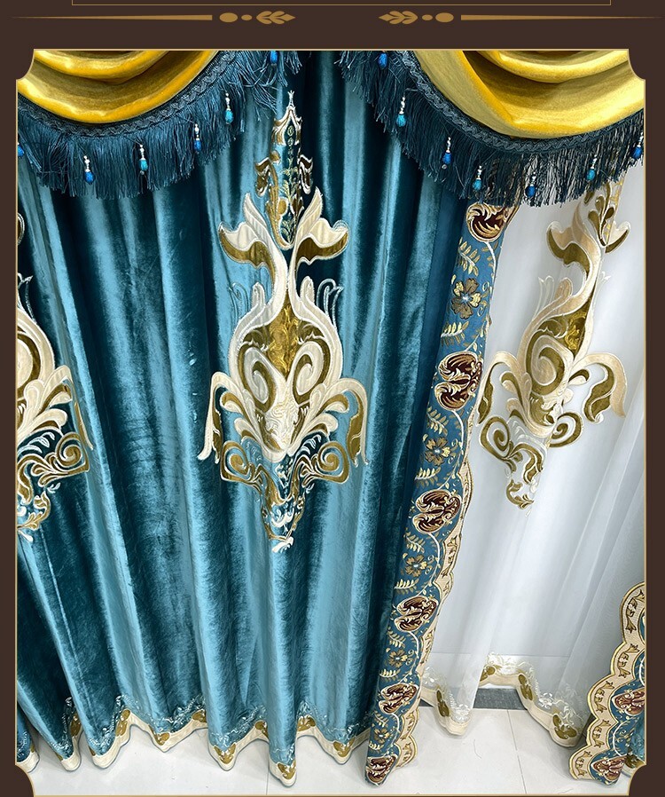 Elegant European palace blue velvet embroidery cloth curtain valance drape C2107
