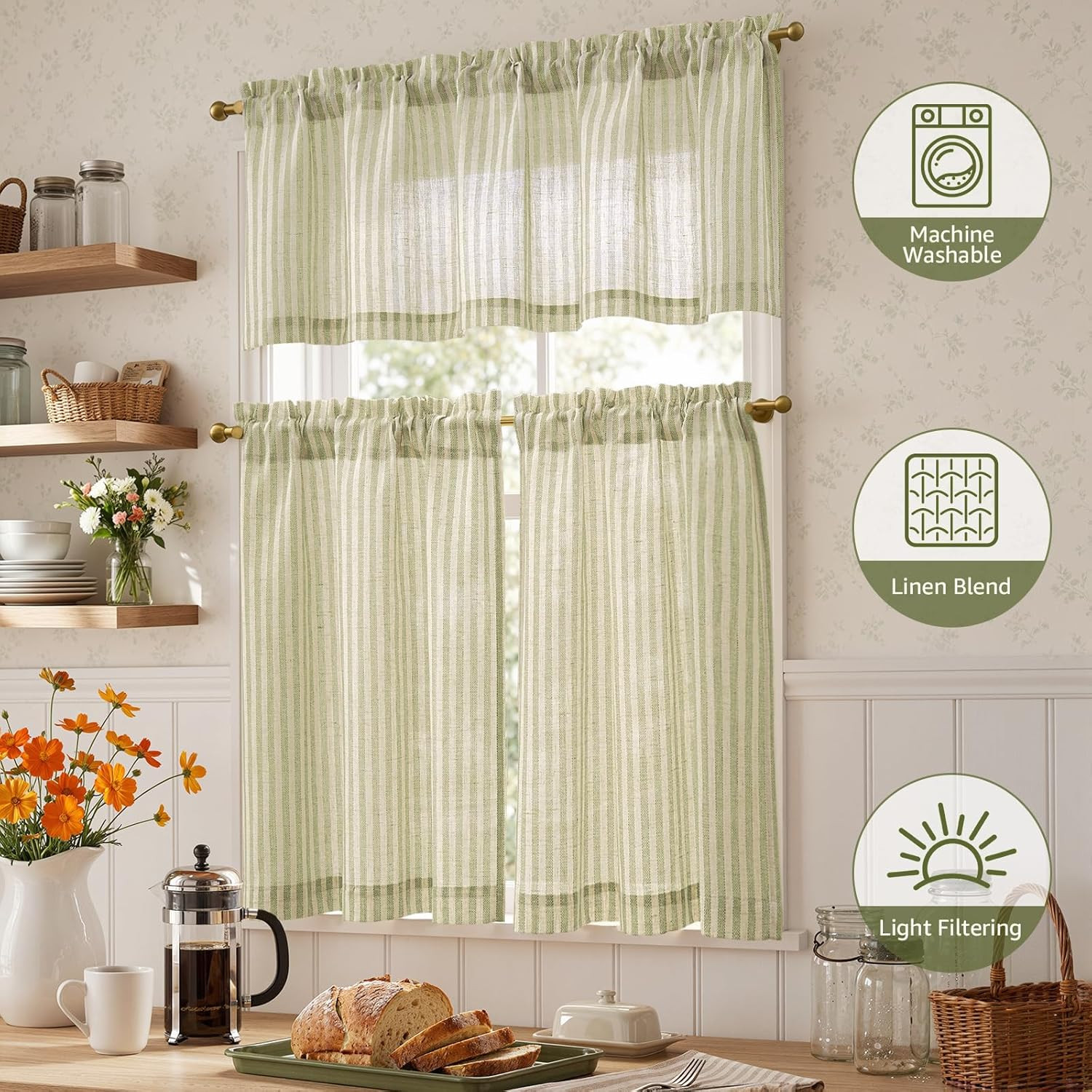 JINCHAN Kitchen Curtains and Valances Set Striped Tier Curtains Ticking Stripe L
