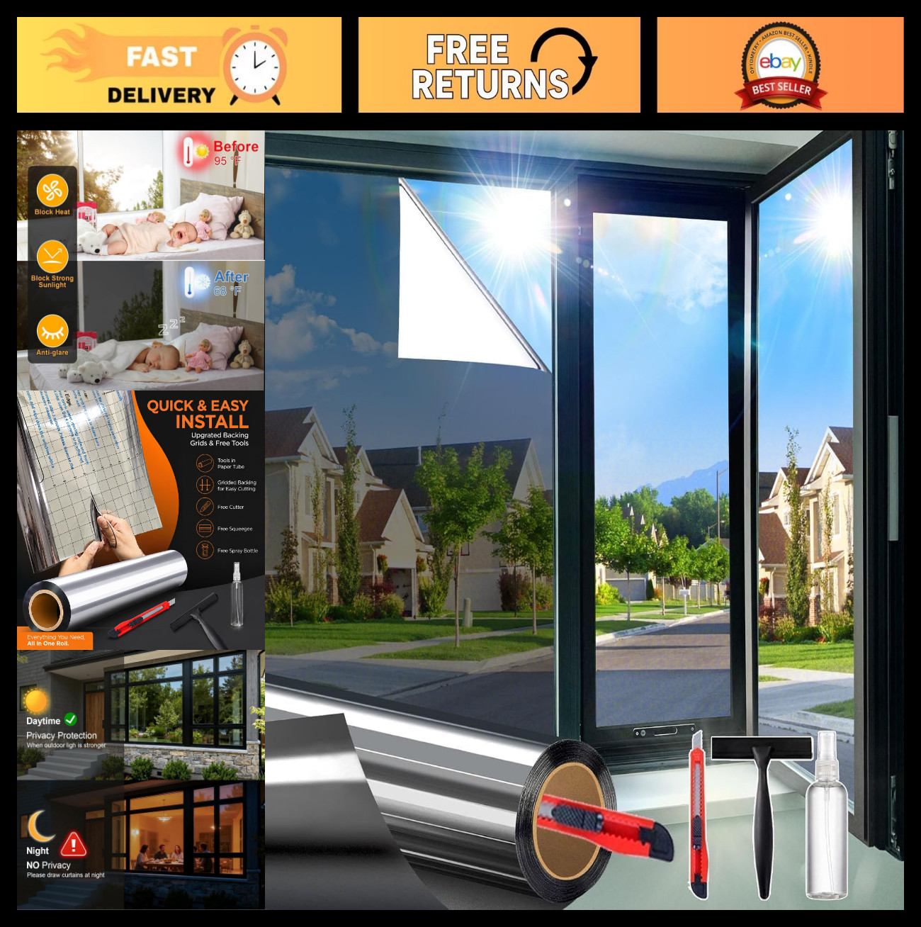 Privacy Window Film – Reflective Heat Blocking Tint, Anti-UV, Static Cling, Remo